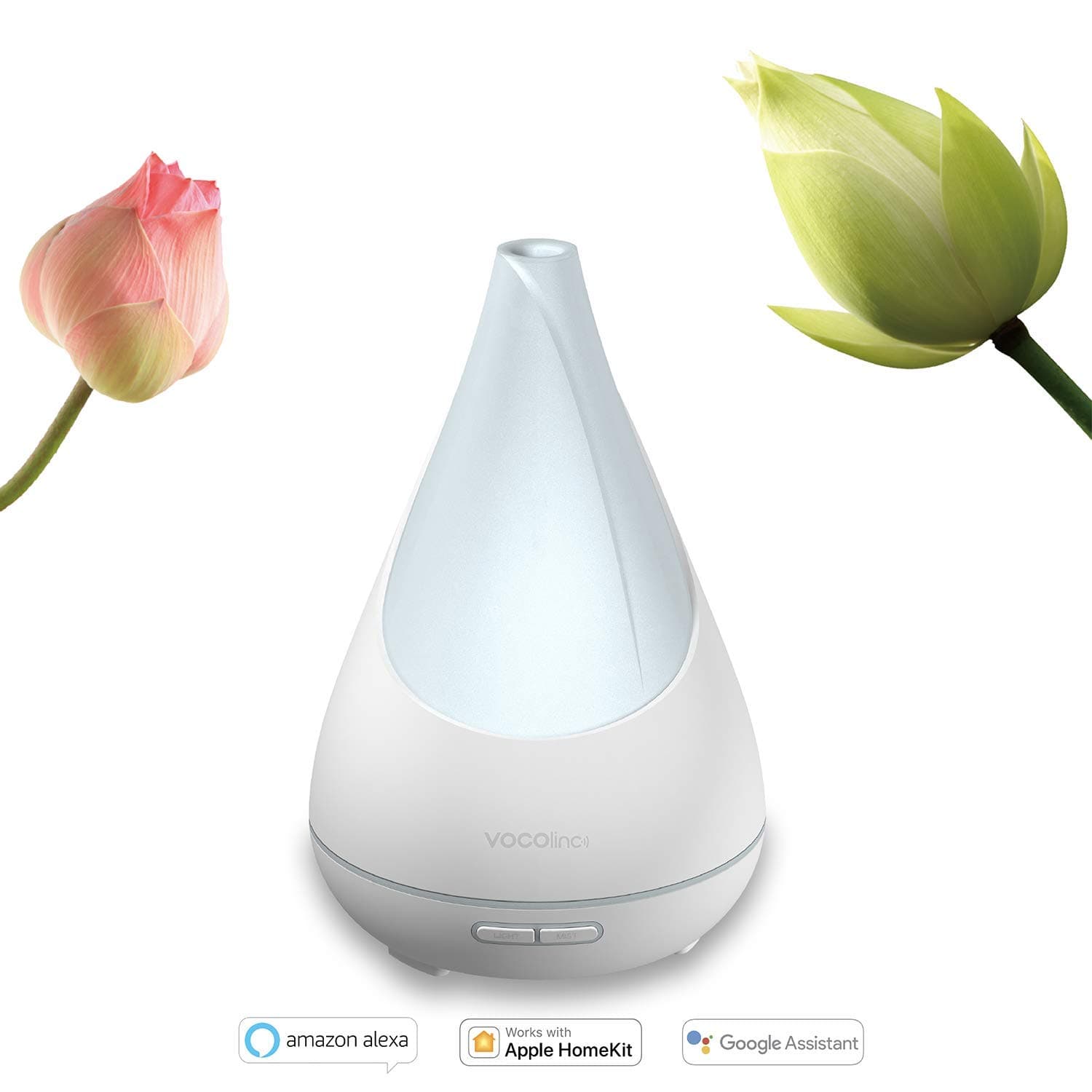 Vocolinc Flowerbud Smart Essential Oil Aromatherapy Diffuser, 300Ml Ultrasonic Adjustable Cool Mist Humidifier, Multicolor Relaxing Light, Works W/ Homekit, Alexa and Google Assistant, 2.4Ghz Wi-Fi, White