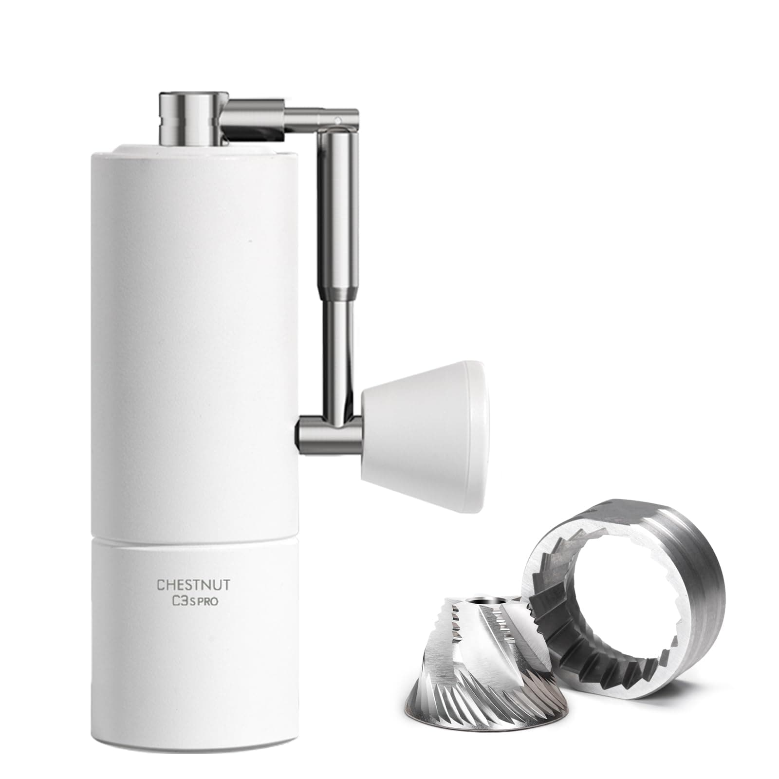 TIMEMORE Manual Coffee Grinder Foldable Handle Burr Coffee Grinder with Capacity 20g Chestnut C3S PRO Internal External Adjustable Setting, Double Bearing Positioning for Travel Camping, Home White