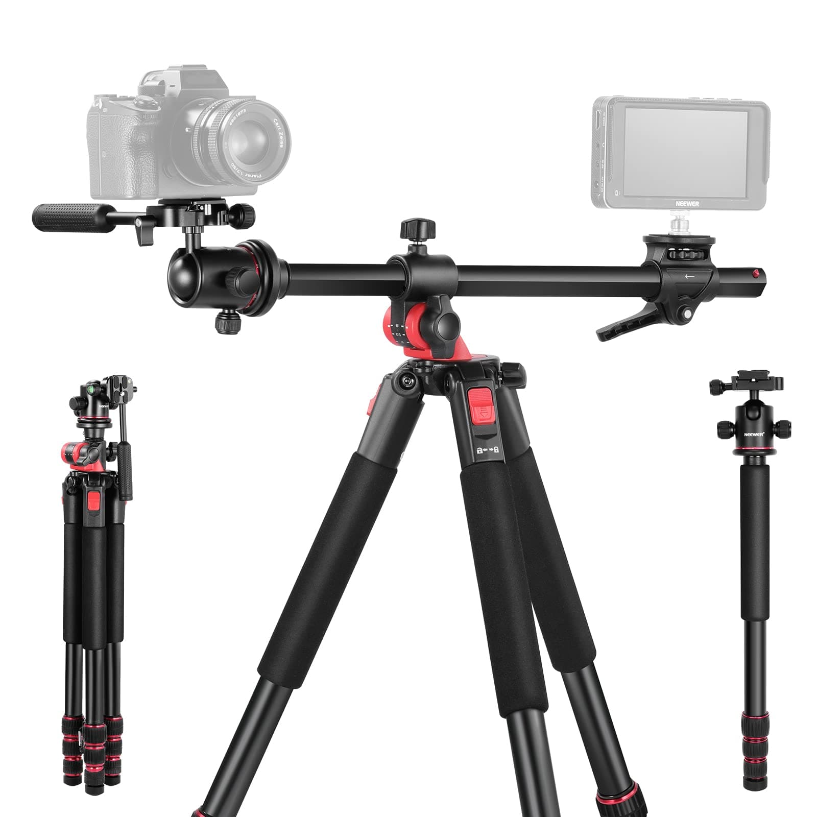73.6" Horizontal Tripod with Multi Angle Center Column, Ball Head & Central Axis Platform, Heavy Duty Aluminum Camera Tripod Monopod 360° Pan 180° Tilt for Overhead/Macro Shots, Max Load 22lb