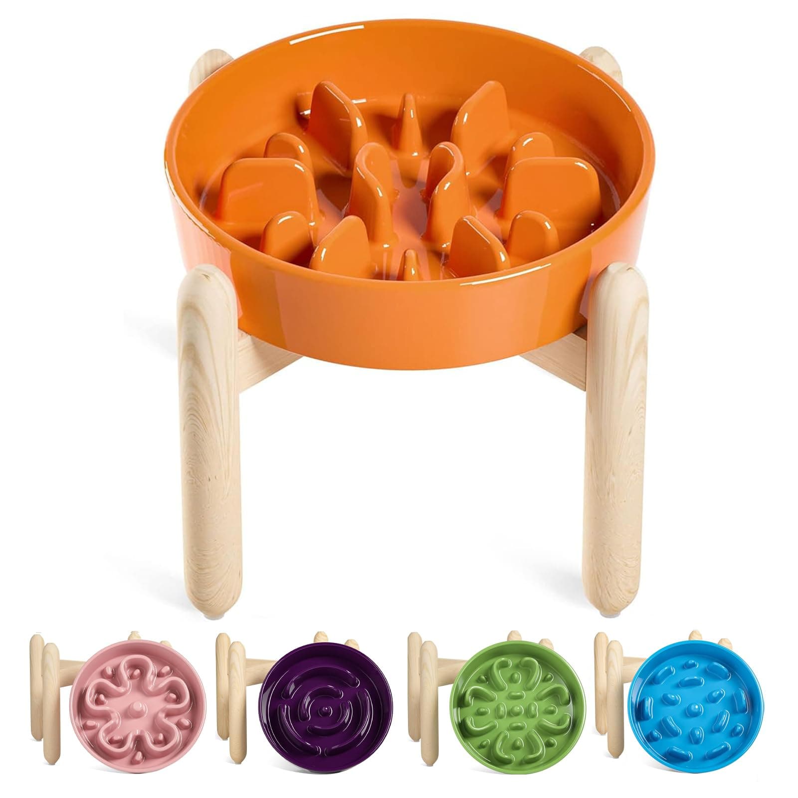 LE TAUCI Ceramic Slow Feeder Puzzle Bowl Elevated 3 Cup with Wooden Stand for Medium Large Dog, Fast Eater Slow Eating Food Bowl, Sun Orange