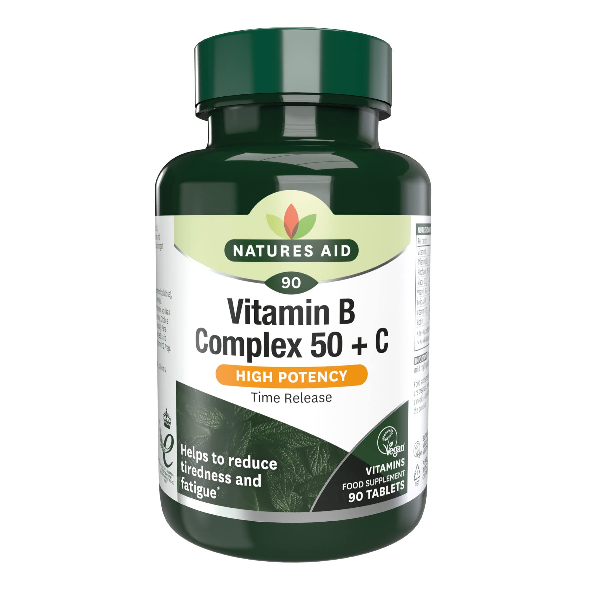 Natures Aid Vitamin B Complex 50 + C - High Strength B Vitamins with Vitamin C - Supports Energy, Nervous System & Immunity, Reduce Tiredness and Fatigue - Vegan, Gluten Free, Non-GMO - 90 Tablets