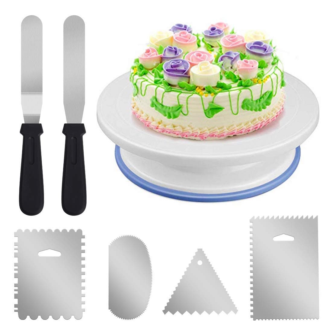 Rotating Cake Turntable-11 Inch Cake Decorating Stand with 2 Icing Spatula and 4 Icing scraper,Revolving Cake Stand White Baking Cake Decorating Supplies