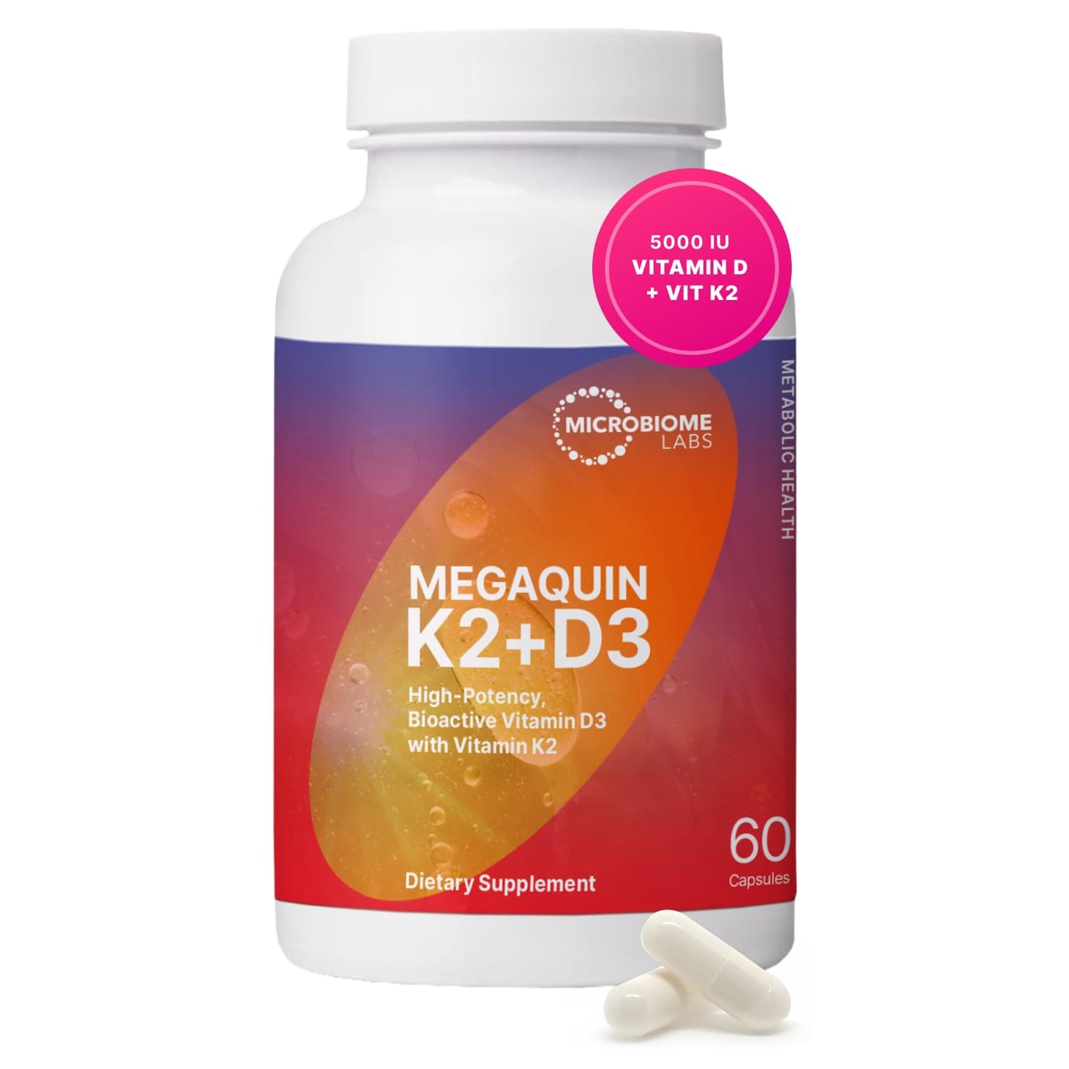 Microbiome Labs MegaQuin D3 + K2 - High Potency Vitamin D3 K2 Supplement - Bioactive & Bioavailable - Vitamin D3 5000 iu & MK-7 - Support Bone, Heart, Nerve & Immune Health (60 Capsules)