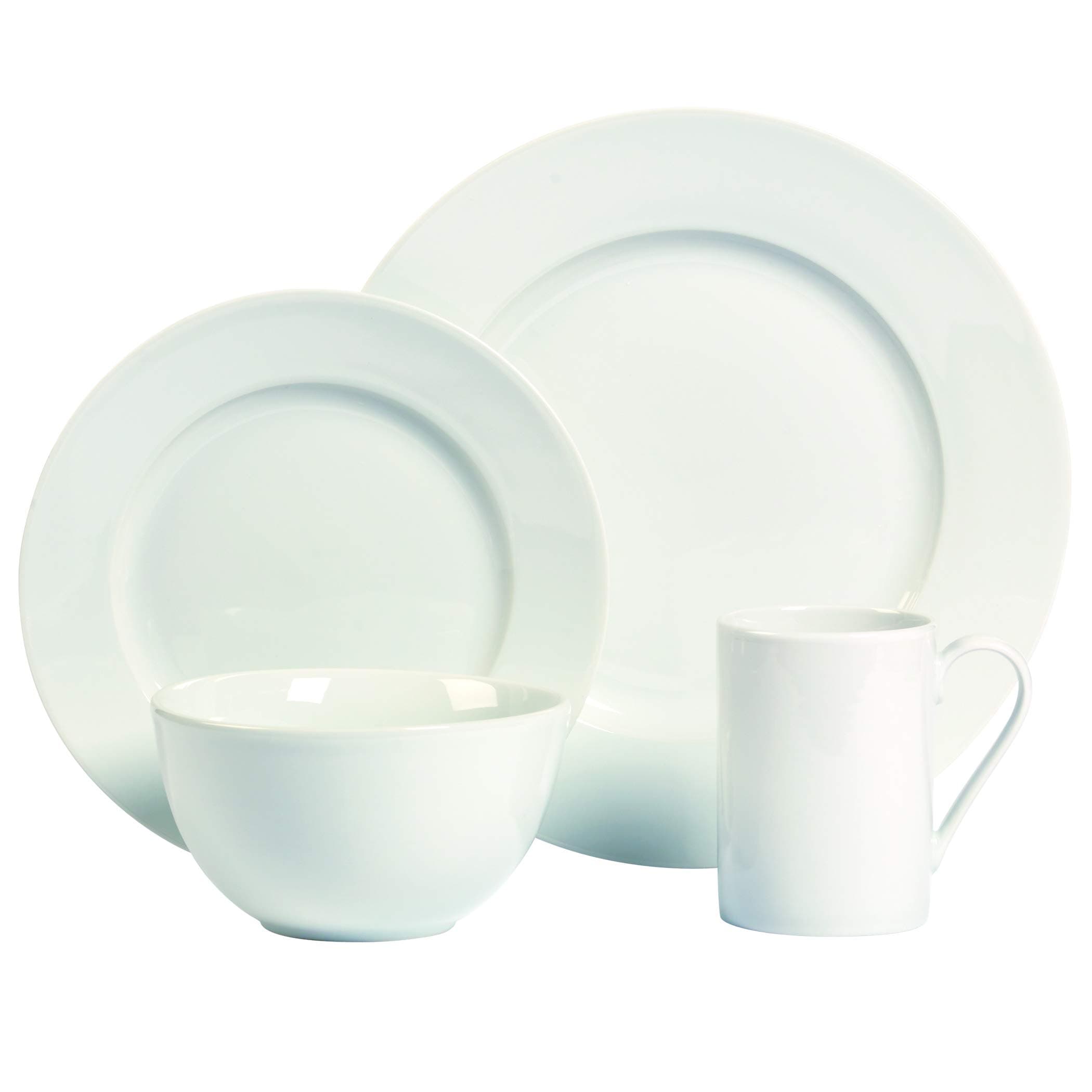 Tabletops Gallery White Dinnerware Set with Plate, Salad Plate, Cereal Bowl, and Mug (Service for 4), Soleil White Round Rim 16 Piece Dinnerware Set