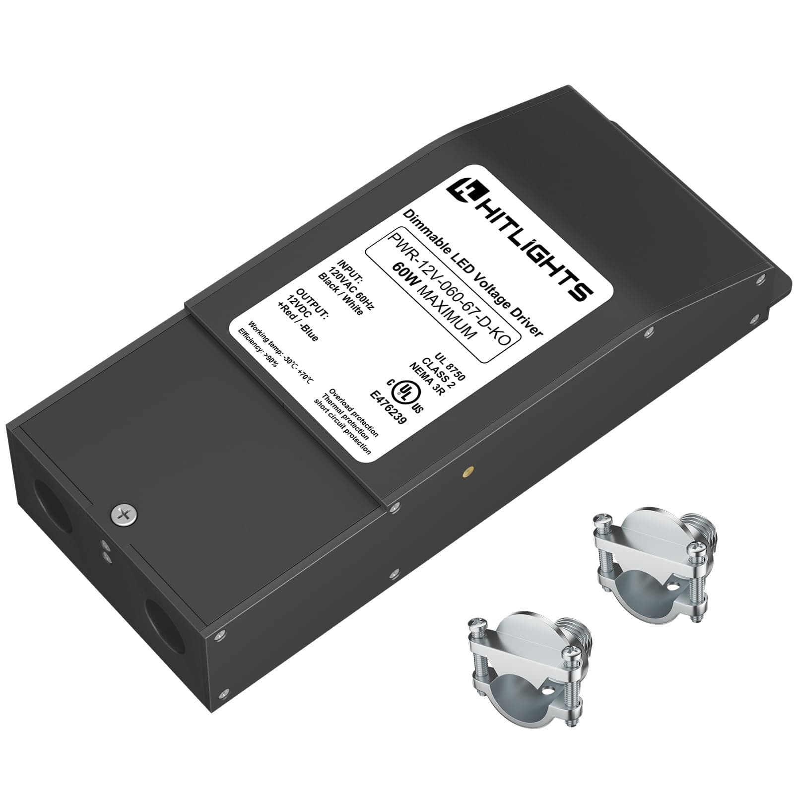 HitLights Dimmable LED Driver 60W 12V DC, 120V AC Input to 12V DC Output, Class 2, Compatible with Lutron and Leviton, Constant Voltage, Bare Wire Connections, UL Listed, Made in USA