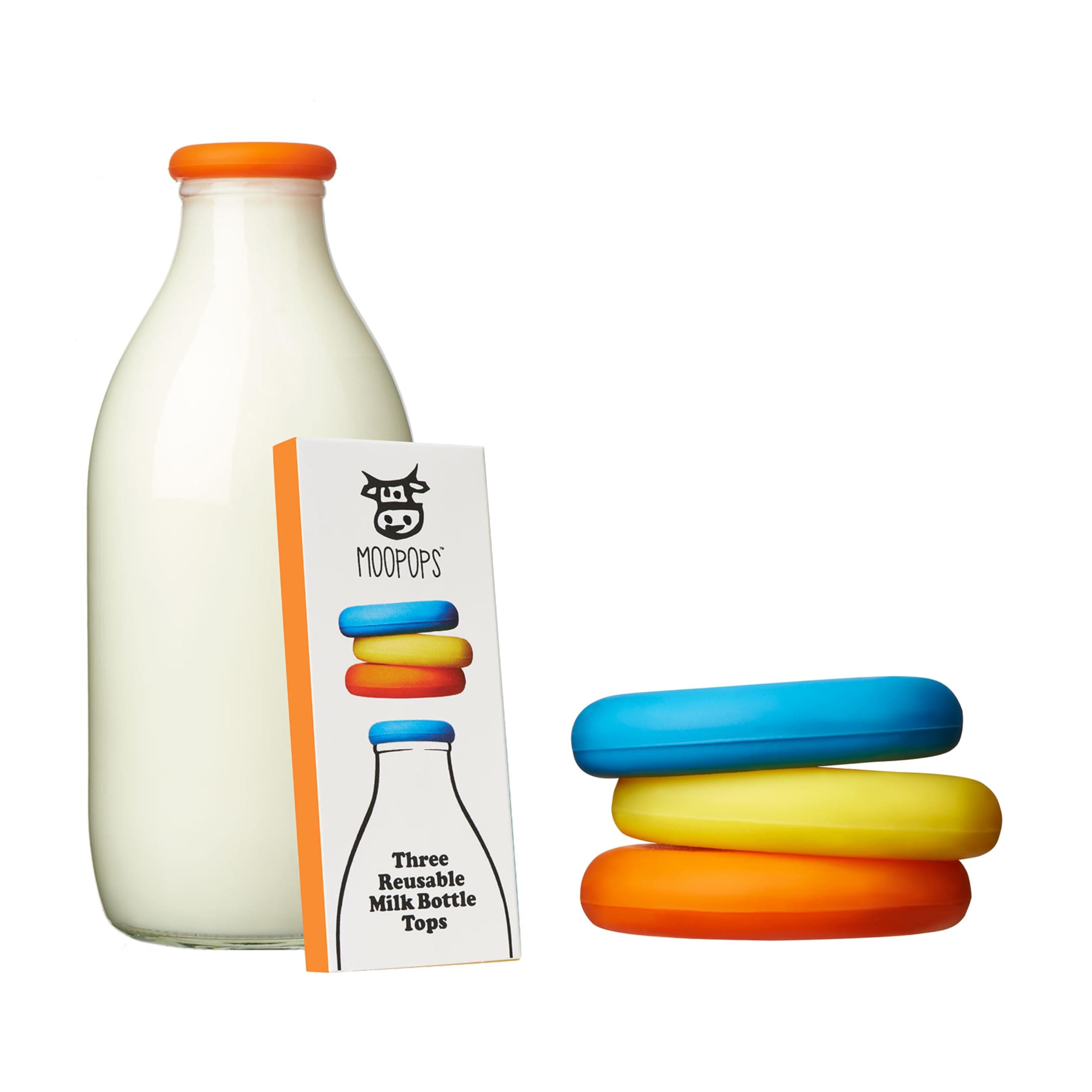 MOOPOPS - Mixed 3 pack of reusable silicone tops specifically designed to fit standard UK one pint glass milk bottles. Dishwasher and fridge safe. Don't toil with the foil!