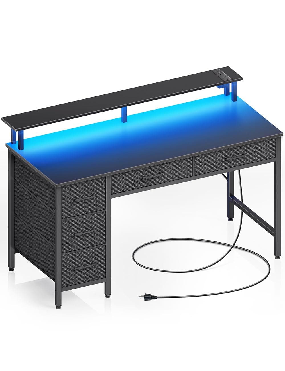 Seventable Computer Desk with Power Outlets & LED Light, 47 inch Home Office Desk with 5 Drawers, Writing Desk with Monitor Stand, Work Desk for Home Office, Black