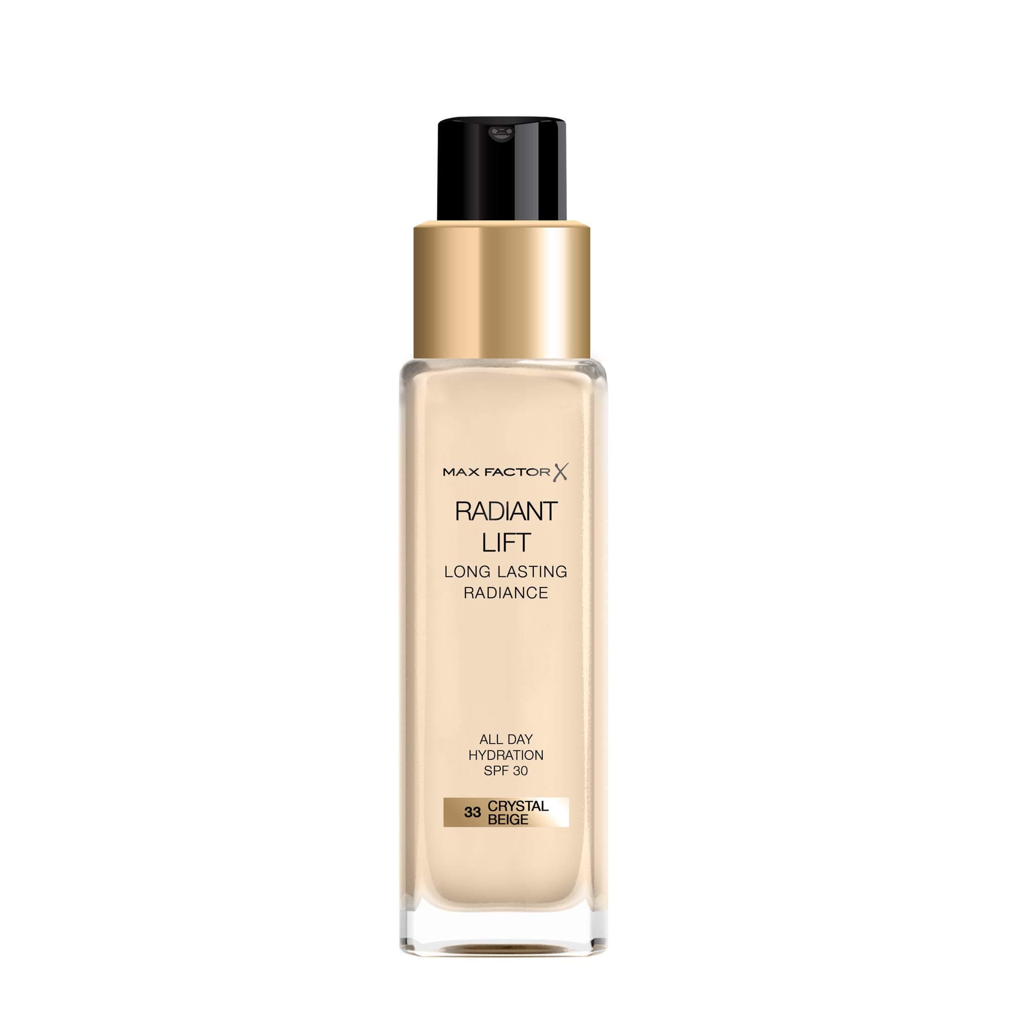 Max FactorRadiant Lift Liquid Pump Medium to Full Coverage Radiant Finish Foundation with SPF30 and Hyaluronic Acid, 033 Crystal Beige, Light Skin Tone, 30ml