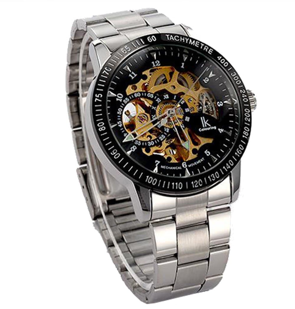 Black face Silver Band IK Automatic wristwatches Self-Wind Mechanical Hollow Wrist Watch by Sally Thomas@