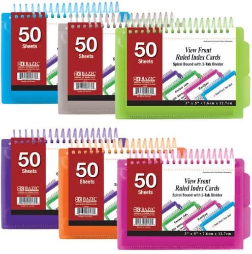 6 Pk, Index Cards (50 Sheets each) View Poly Spiral Bound 3" X 5" Ruled White Index Card With 2-Tab Divider (Colors May Vary)