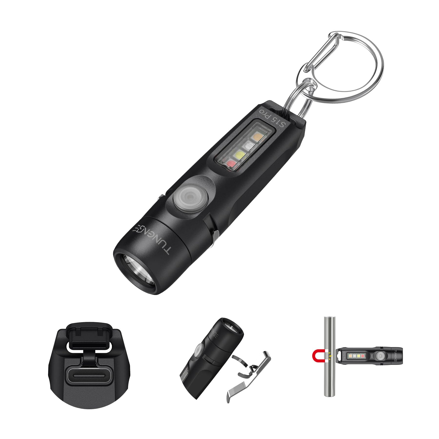 TUNENGE S15Pro Keychain Flashlight,750 High Lumen EDC Pocket Flashlight with Clip,USB C Rechargeable Mini Flashlight with Magnet,Suitable for Hiking, Camping, Repair(Black)