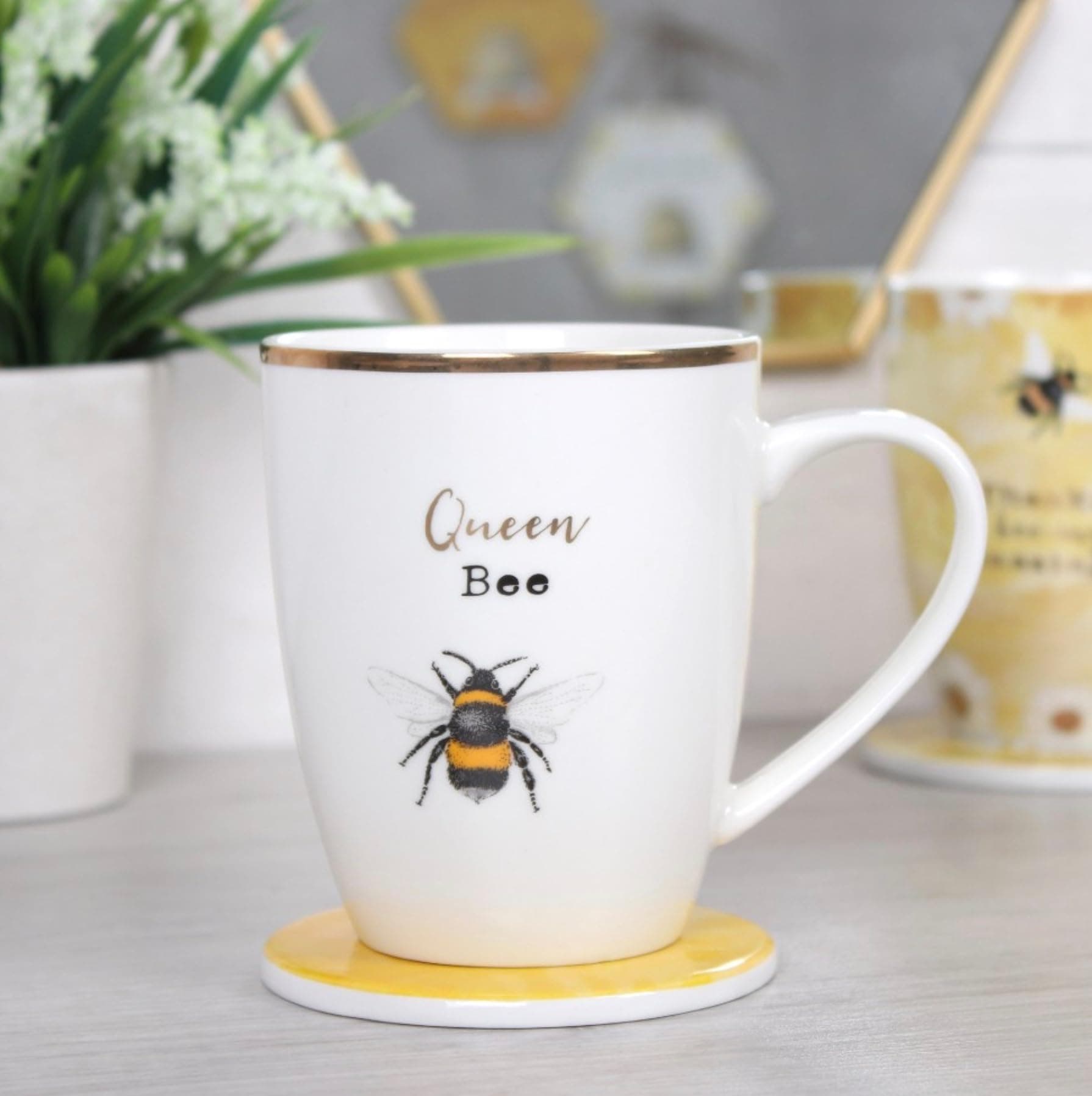 Elegant White & Yellow Queen Bee Ceramic Mug & Coaster Set - 10.2cm x 12cm (1 Set) - Unique Design - Perfect for Tea or Coffee Lovers