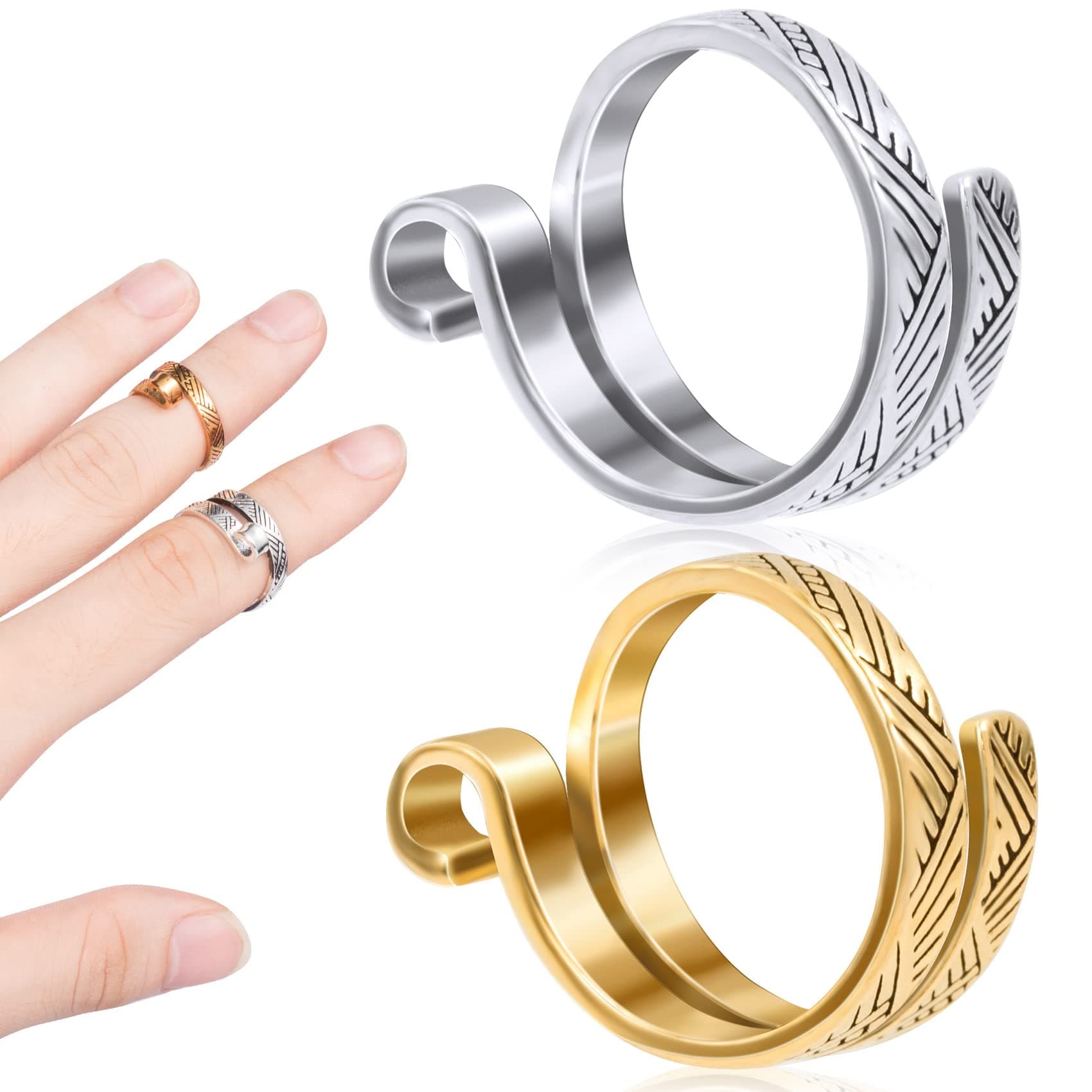 ANCIRS 2 Pack Knitting Crochet Loop Ring for Fingers, Adjustable Crochet Tension Ring, Metal Open Yarn Guide Finger Holders, Knitting Thimbles for Crochet- Gold & Silver
