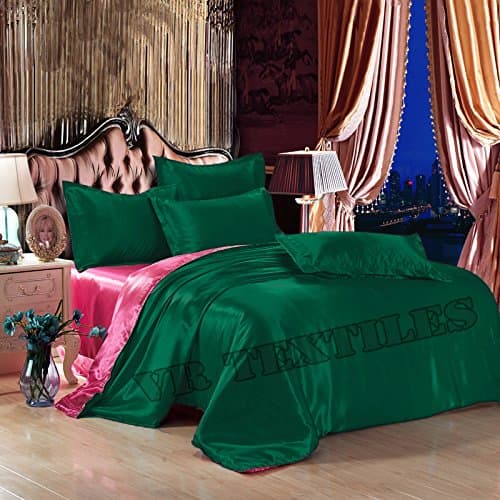 VR Textiles 100% Silky Satin Reversible 7 PC 14'' Bedding Set(1 Duvet Cover + 4 Pillow Cover + 1 Fitted Sheet + 1 Flat Sheet) King Teal Green & Pink