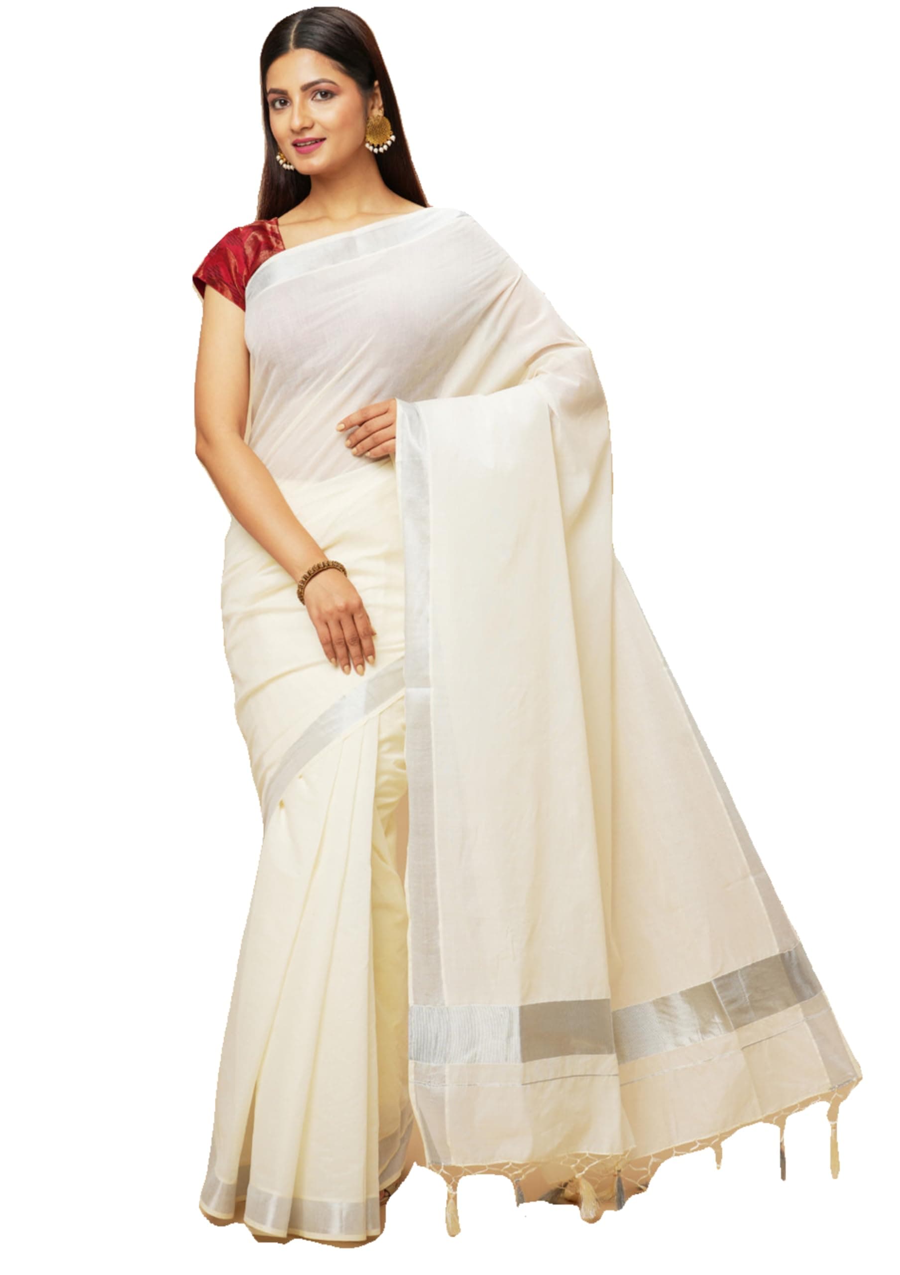 manvish drapes Solid/Plain Kasavu Pure Cotton Saree with Tassels