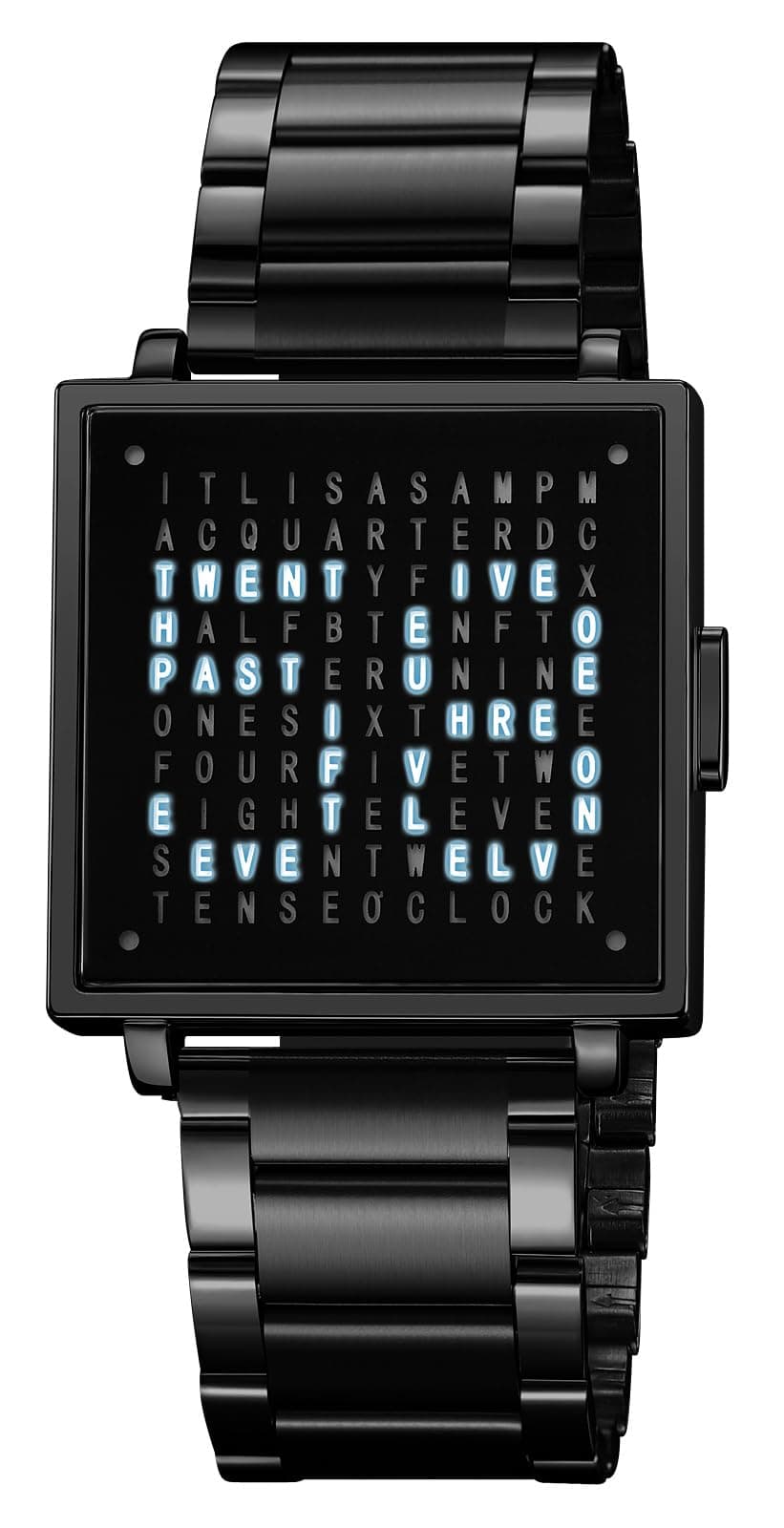 Gosasa Men’s Square Word-Matrix LED Watch Read Time in Words 30 m Waterproof Big Face Multifunctional Date Wristwatch Vintage Luxury Business Dress Timepiece Stainless Steel or Gold/Silver Toned Leather Strap Gift for Men