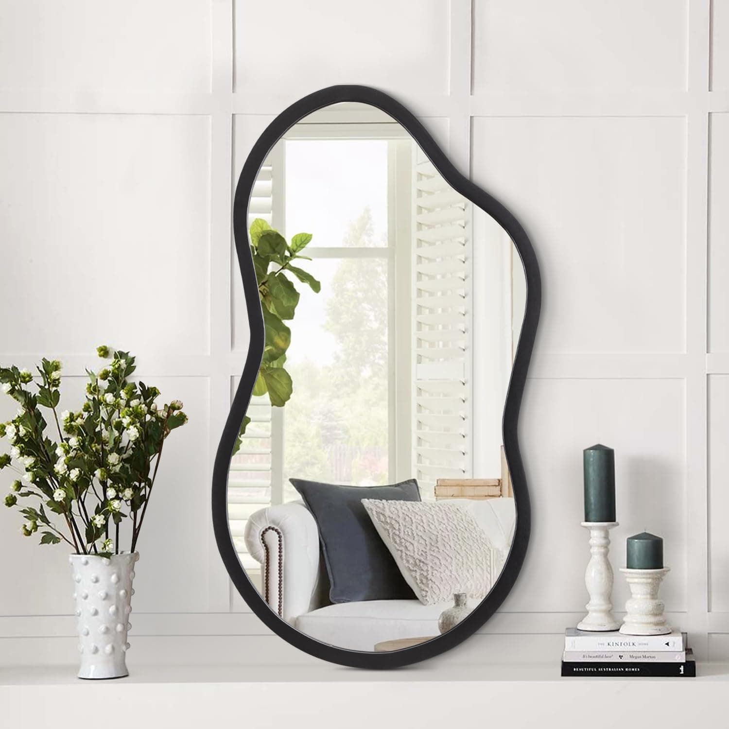 – Irregular Small Mirror with Wooden Frame Asymmetrical Decorative Black Wall Mirrors for Bedroom Dressing Room Living Room Bathroom Entryway