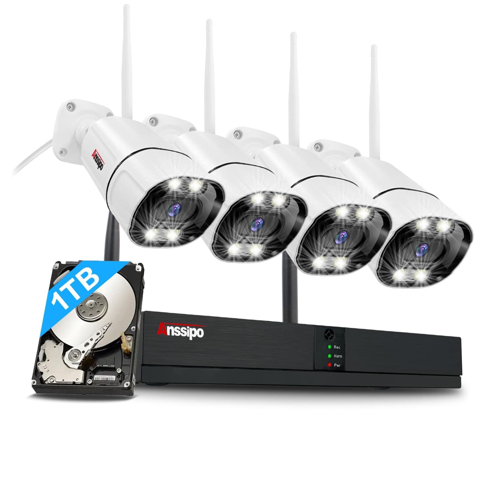 4K Home Security Camera System, 4pcs Plug-in WiFi Security Cameras for Indoor Outdoor 24/7 Recording, Dual Warning 8 Channel NVR 1TB Hard Drive, 2 Way Audio, AI Detection, Spotlights Night Vision