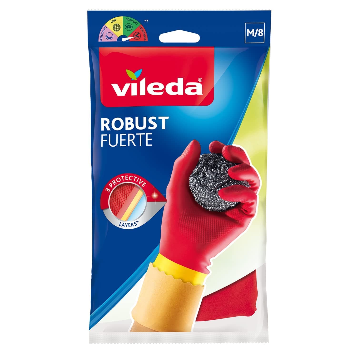 Vileda Robust (Protection) Rubber Gloves M, Reusable, Comfort Plus Lining, Latex And Neoprene, Heavy-Duty, Medium Size, Red & Yellow (1 Pair Per Pack)