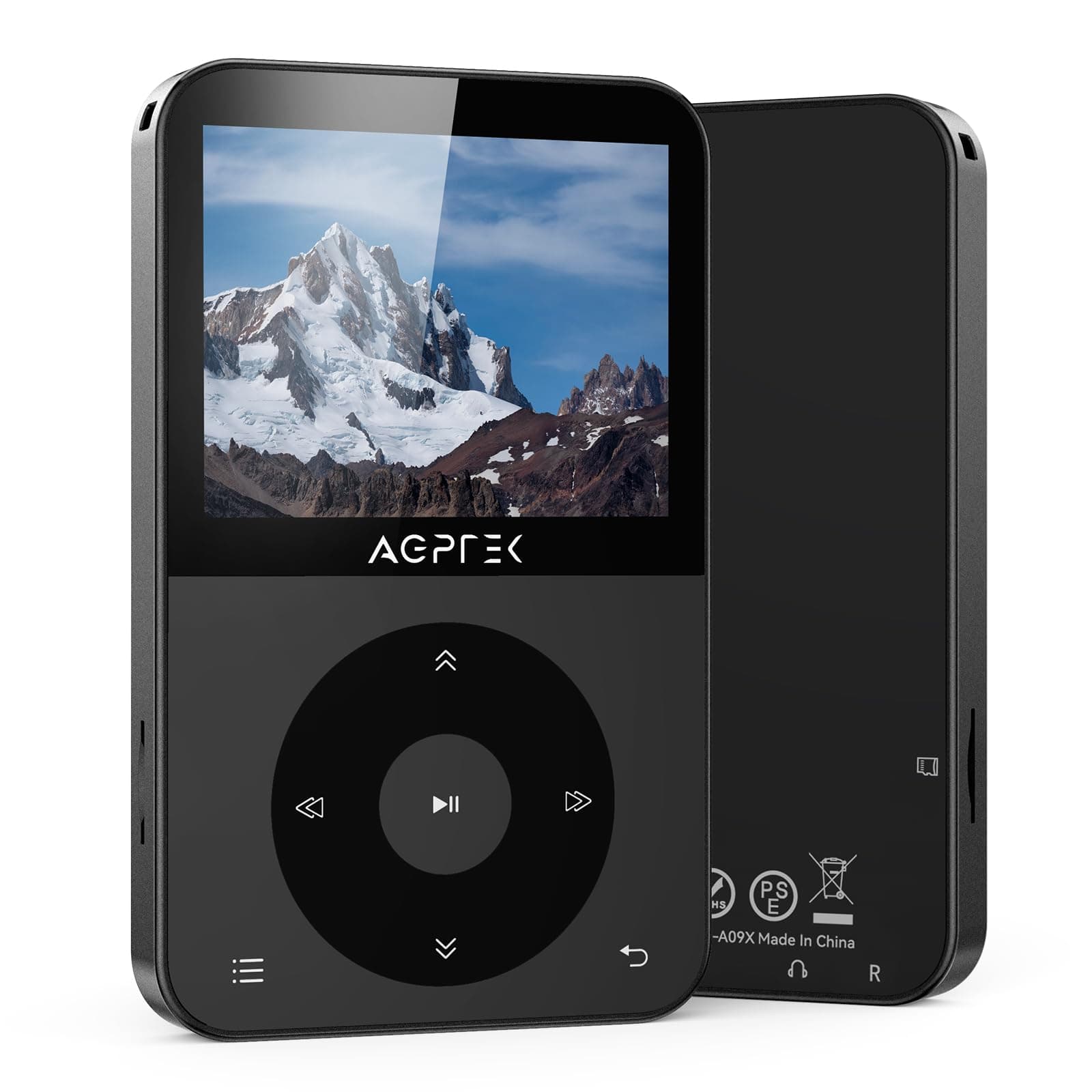 AGPTEK 64GB MP3 Player Bluetooth 5.3 with 2.3 Inch TFT Horizontal Colour Screen, MP3 Player with Headphones Supports up to 128GB SD Card, FM Radio, Recording, E-Book, Pedometer, 750 mAh, Black