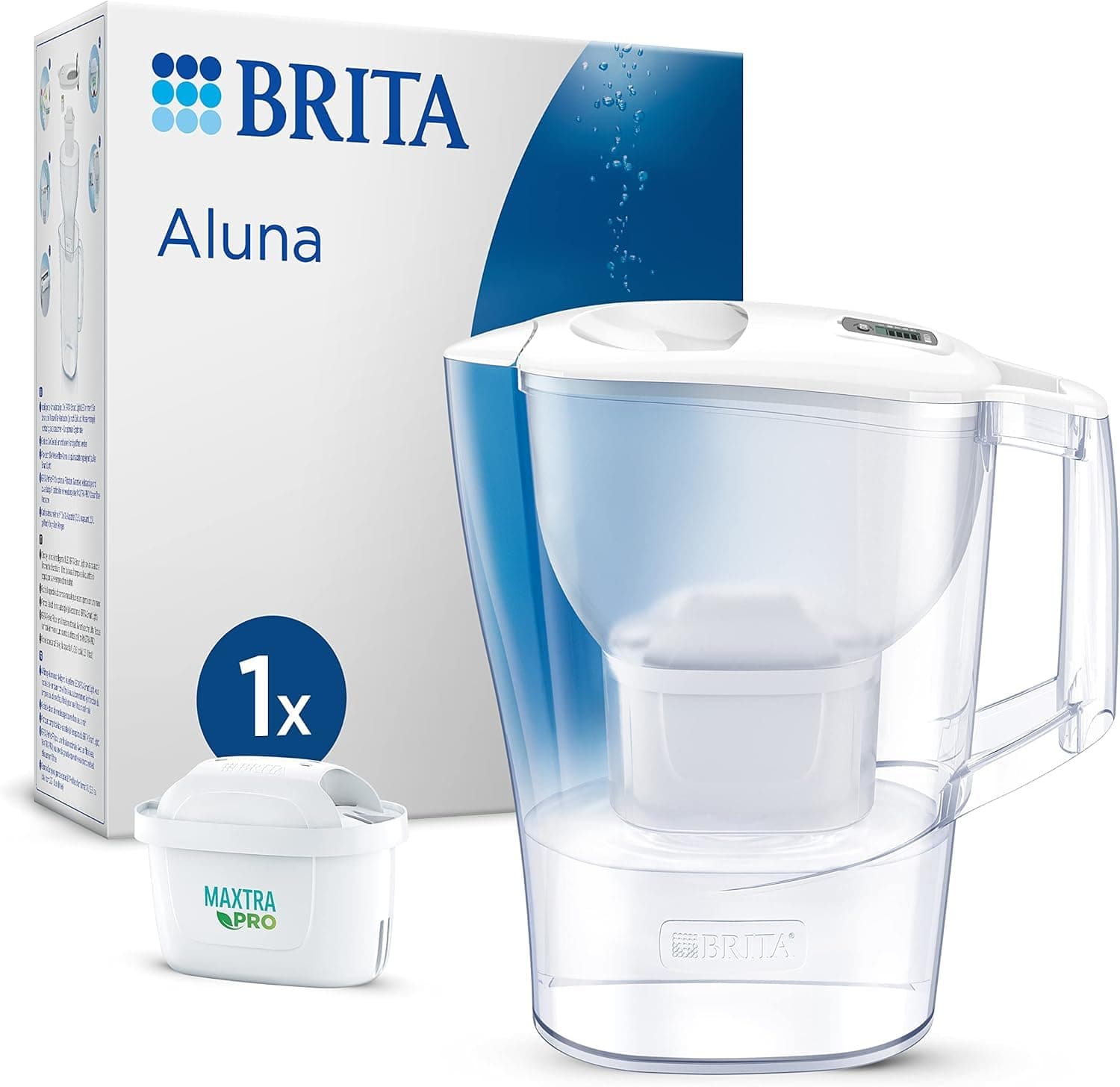 Aluna Water Filter Jug White (2.4L) Including 1x Maxtra Pro All-in-1 Cartridge - Water Filter to Reduce Limescale, Chlorine, Metals such as Lead & Copper & Taste-Disturbing Substances in Water