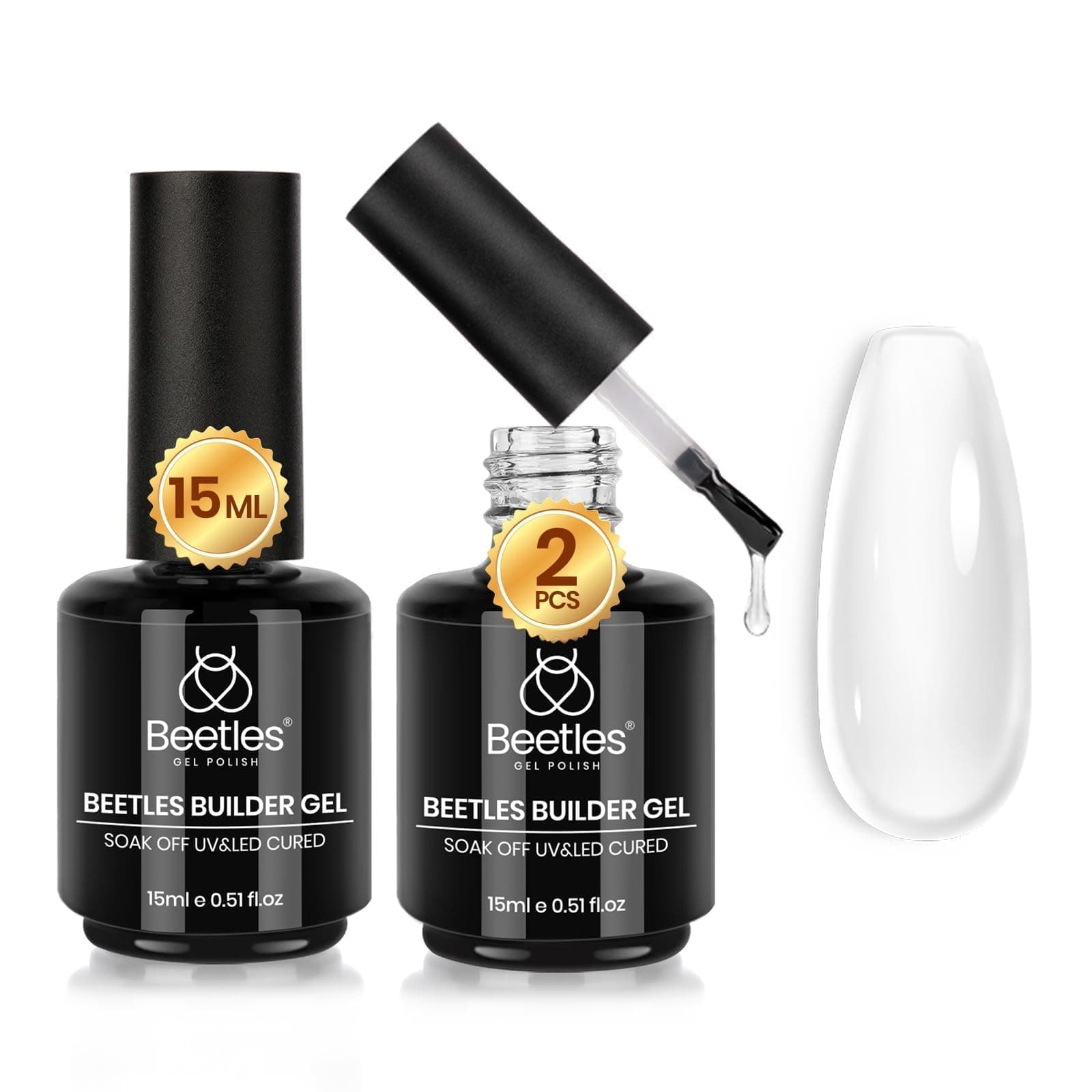 Beetles Builder Gel for Nails 2pcs 0.51 OZ, Nail Thickening Solution 7 in 1 Clear Builder Set for Beginners & DIY Salon Manicure