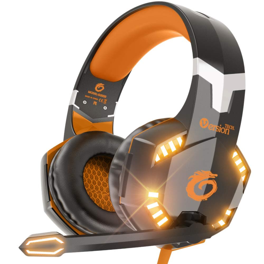 eWINNER G2000 Stereo Gaming Headset for Xbox one PS4 PC, Surround Sound Over-Ear Headphones with Noise Cancelling Mic, LED Lights, Volume Control for Laptop Mac PS3 iPad Nintendo Switch - Orange