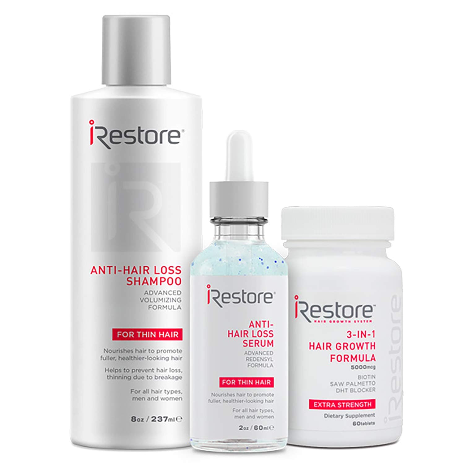 iRestore Fast Hair Growth Bundle includes the 3-in-1 Hair Growth Supplement, Anti-Hair Loss Serum, and Anti-Hair Loss Shampoo to combat hair loss