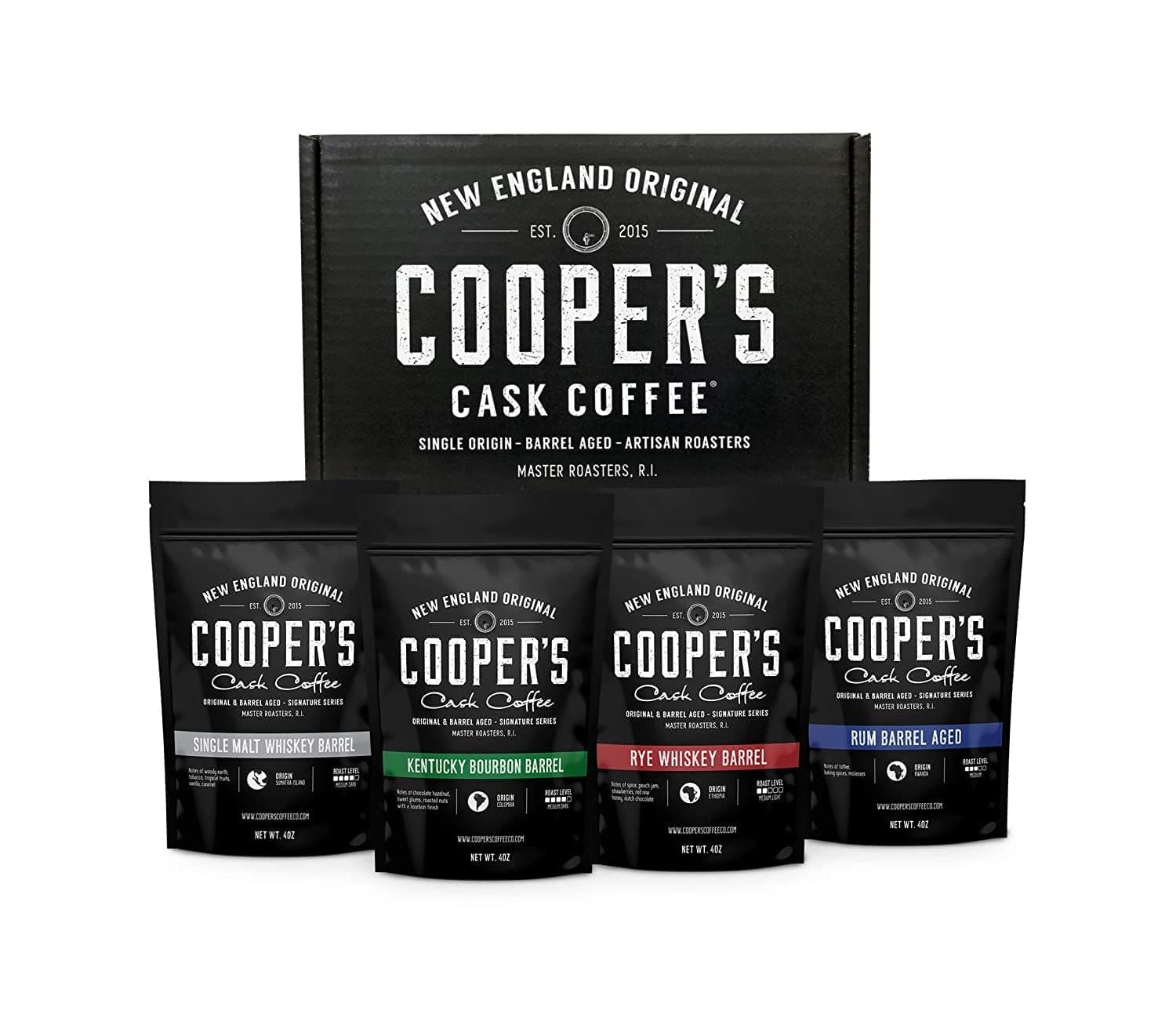 Bourbon & Whiskey Barrel Aged Coffee Box Set with Four Whole Bean Single Origin Coffees (Colombia, Sumatra, Ethiopia, Rwanda) Premium Small-Batch Gourmet Roasted Coffee Gift (Pack or 4)