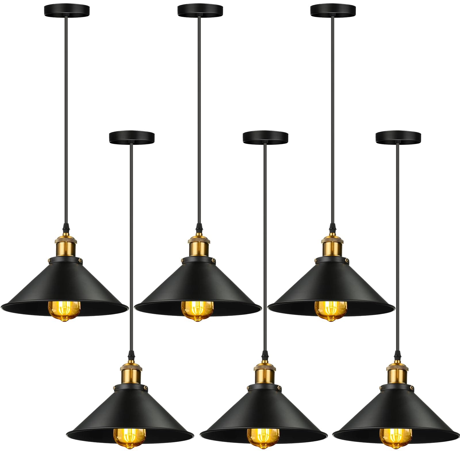 Retisee 6 Pieces Industrial Pendant Lights E26 E27 Base Farmhouse Lampshade for Hanging Light Vintage Metal Shade Fixtures Barn for Kitchen Dining Room Home Bar Foyer(Black)