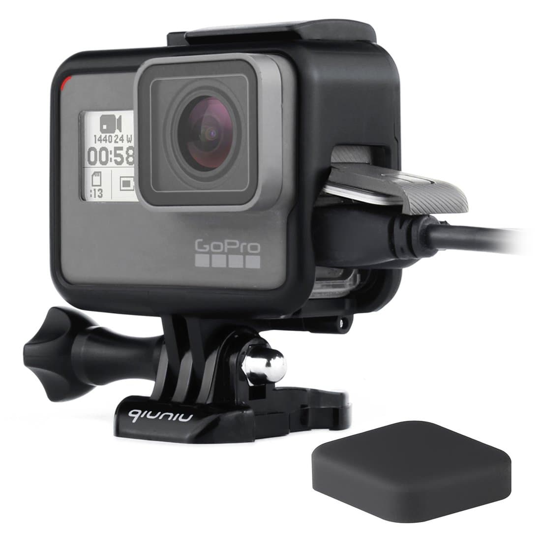 Frame Mount Housing Case for GoPro Hero 5/6/7 Black Action Camera - Protective Case with Quick Release Buckle, Long Thumb Bolt Screw, and Lens Cap - Black