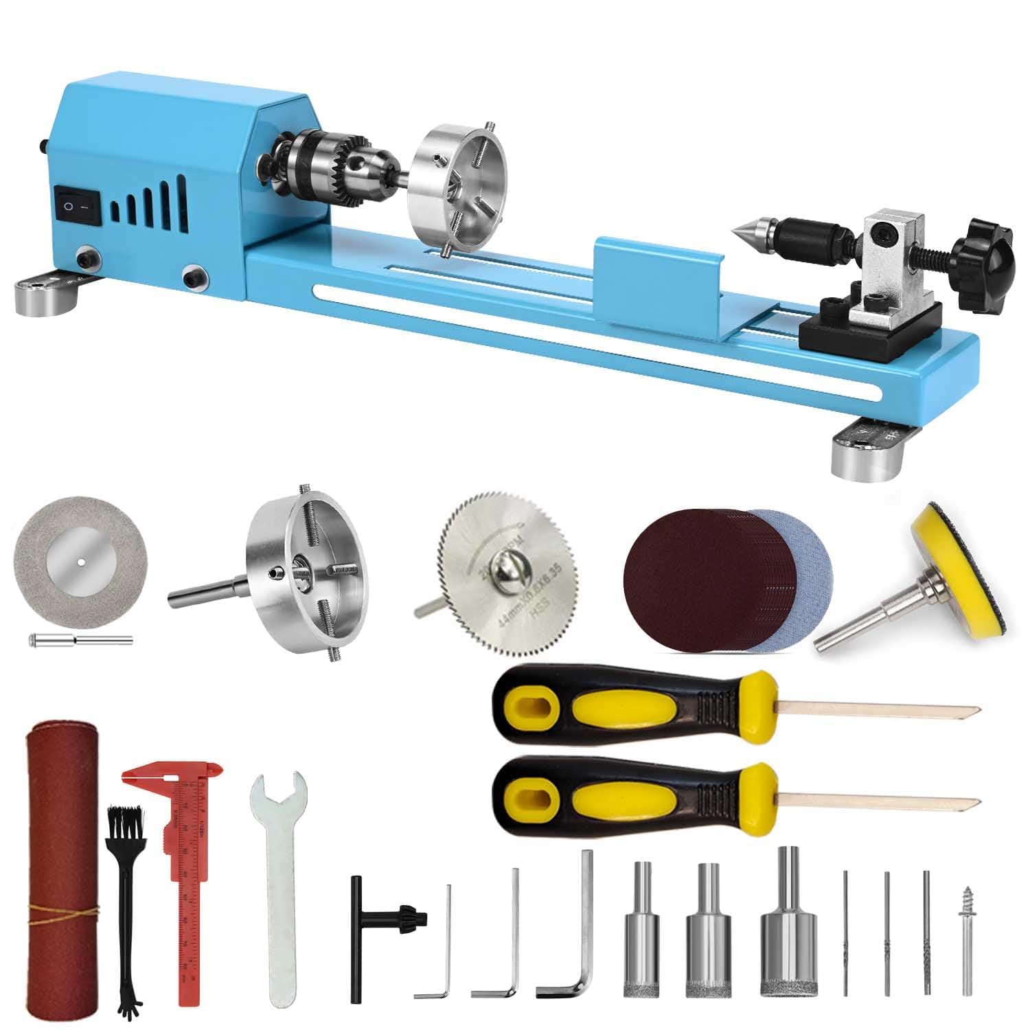 Wood Lathe Mini Lathe Machine Multi-Purpose Type Lathe Milling Cutting Grinding Polishing Professional Table Top Lathe Tool Kit