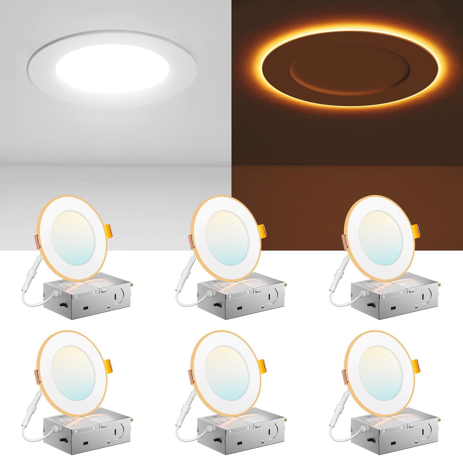 Amico 6 Pack 4 Inch 5CCT LED Recessed Ceiling Light with Night Light, 2700K/3000K/3500K/4000K/5000K Selectable Ultra-Thin Recessed Lighting, 10W=90W, 700LM, Dimmable Canless Wafer Downlight - ETL&FCC