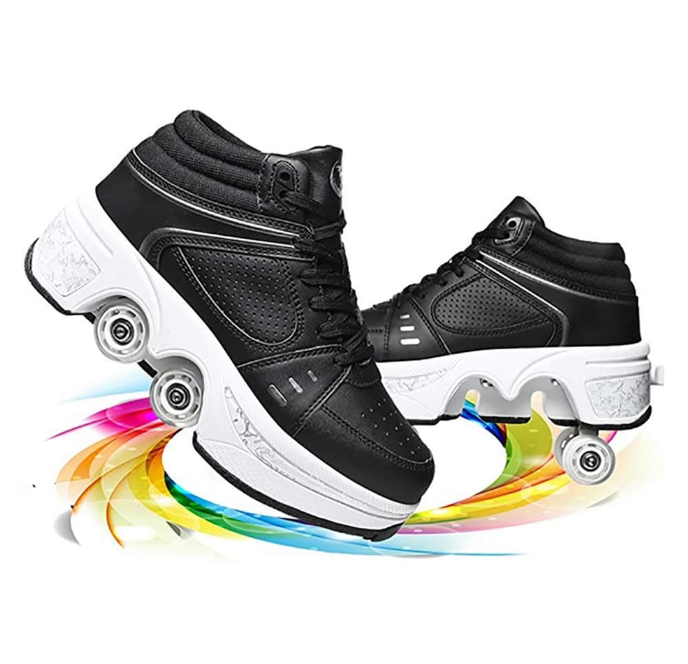 Double-Row Deform Wheel Automatic Walking Shoes Invisible Deformation Roller Skate 2 in 1 Removable Pulley Skates Skating Rollerskates Outdoor Parkour Shoes with Wheels for Girls Boys