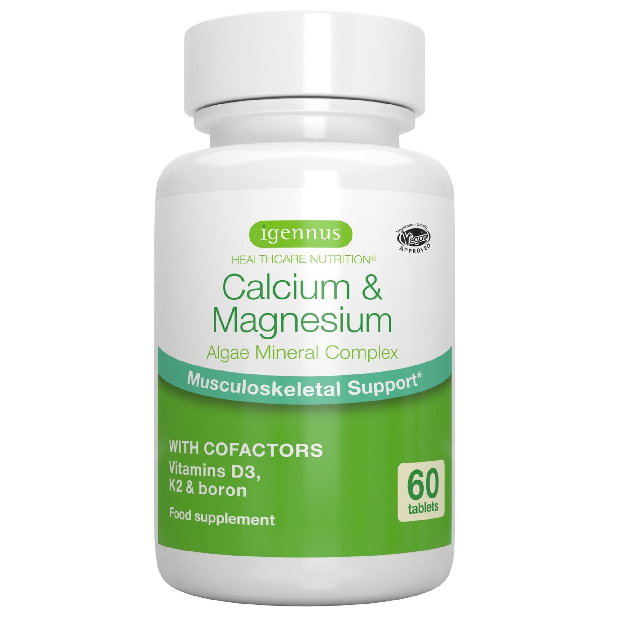 Igennus High Absorption Algae Calcium & Magnesium Supplement, Plus Vitamin D, K2 & Boron, Clean Label & Plant Based, Non-GMO Algae Mineral Complex for Bone & Teeth Support, Vegan, 60 Tablets
