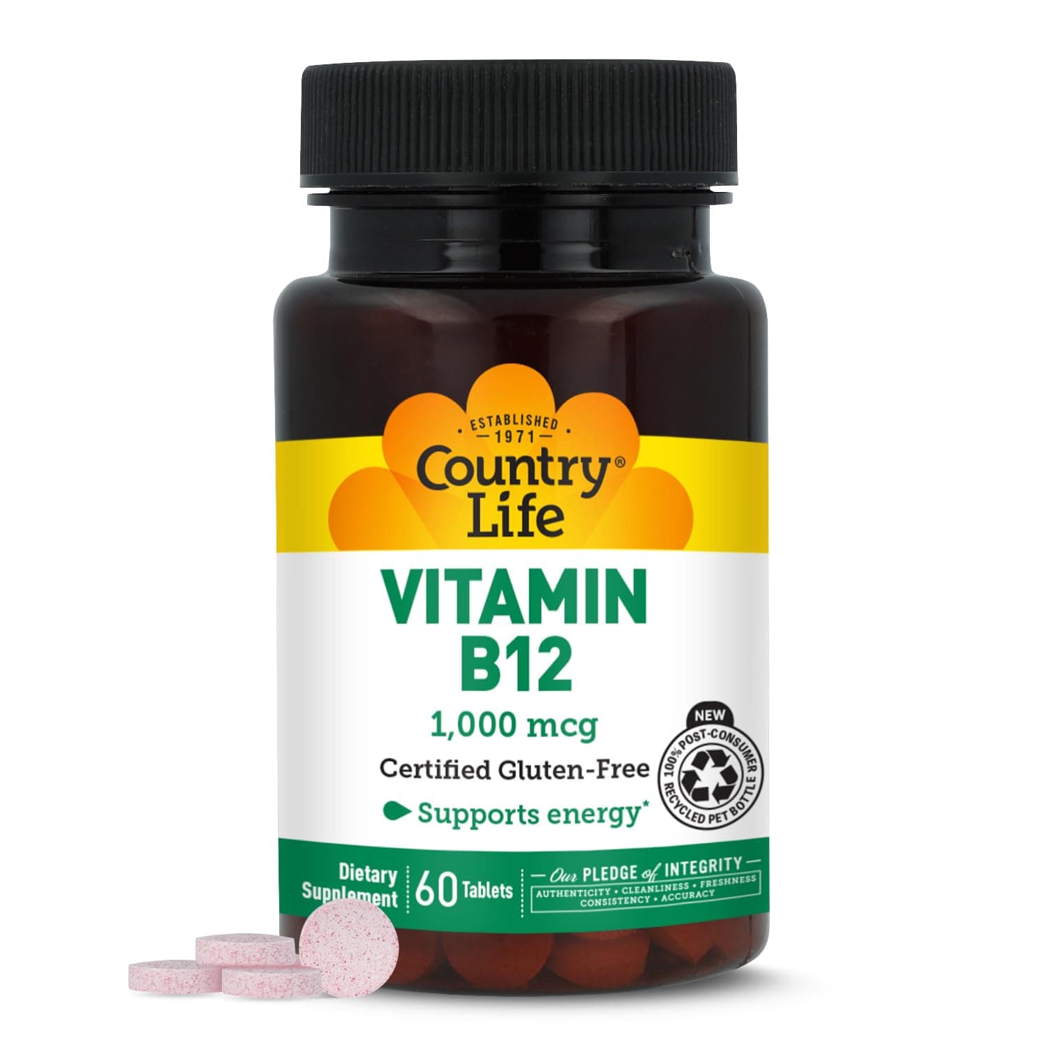 Country Life Vitamin B12 Supplement - Essential for Brain Function, Nerve Health, Red Blood Cells - Ideal for Anemia Prevention - Vegan Vitamin B, 1000 mcg - Gluten-Free, 60 Tablets