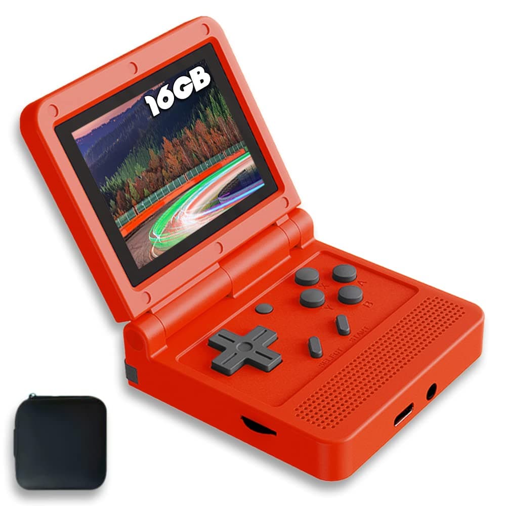 Handheld Game Console 3 inch Retro Clamshell Games Consoles Built-in Rechargeable Battery Portable Style Hand Held Game Video Consoles System V90 Red with Case 16GB