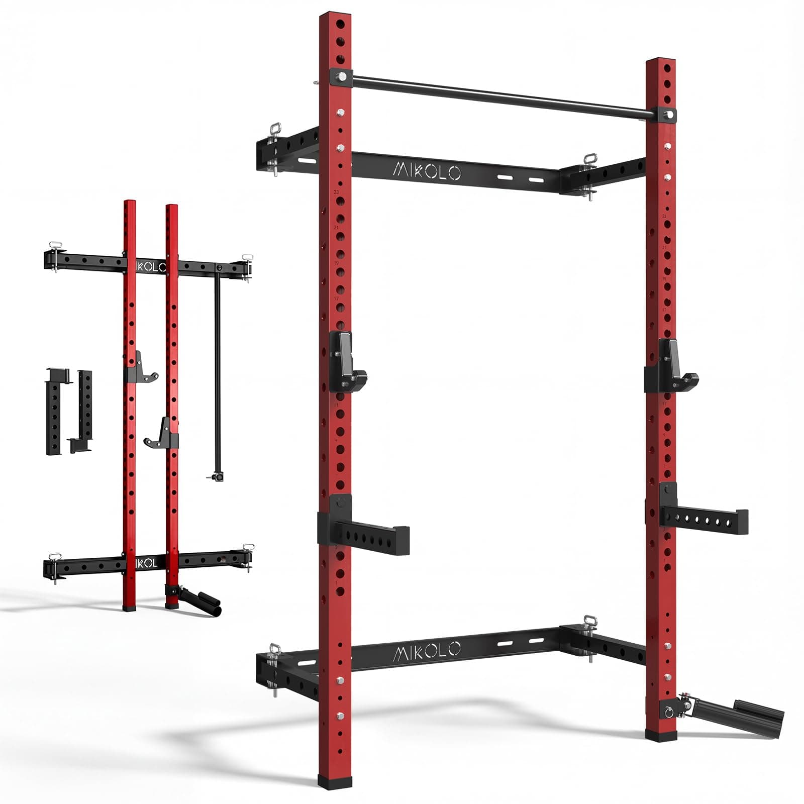 Mikolo 2" x 2" Folding Wall Mounted Squat Rack, 1000 Pounds Capacity Power Rack with Safety Catches, Pull Up Bar, J Hooks and Landmine Attachment, Space-Saving Home Gym(Red