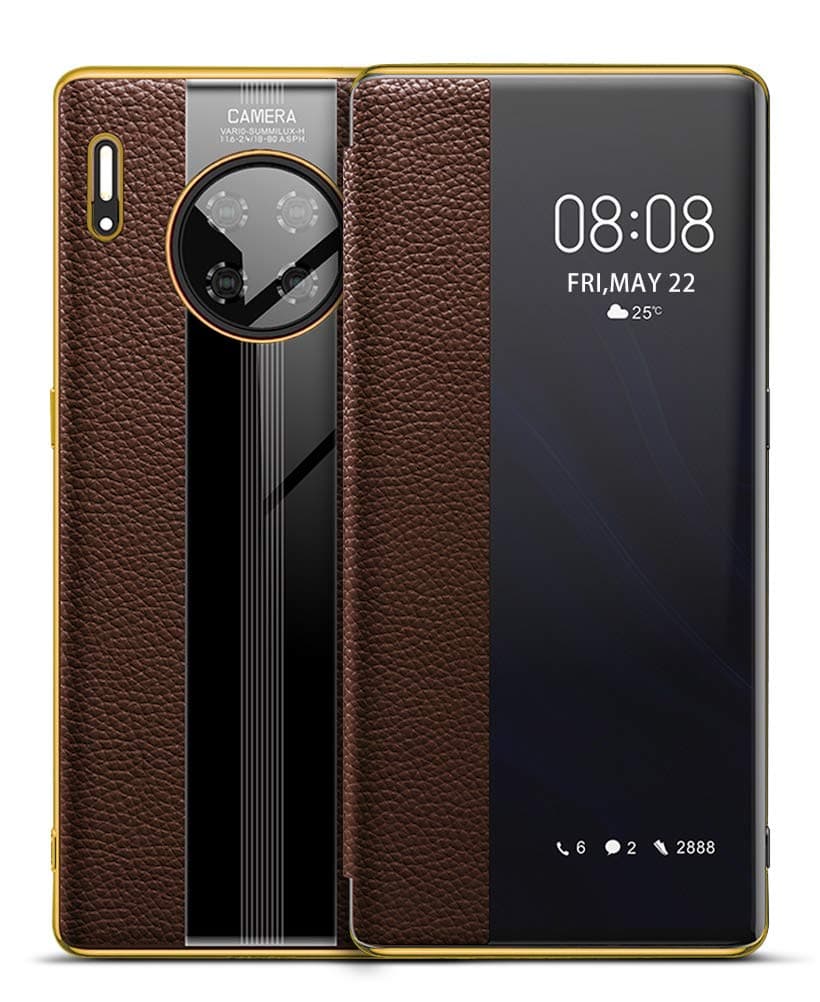 SHUNDA Case for Huawei Mate 30 Pro, Smart View Window Flip Case Auto Wake/Sleep Protective Cover for Huawei Mate 30 Pro 6.53" - Brown