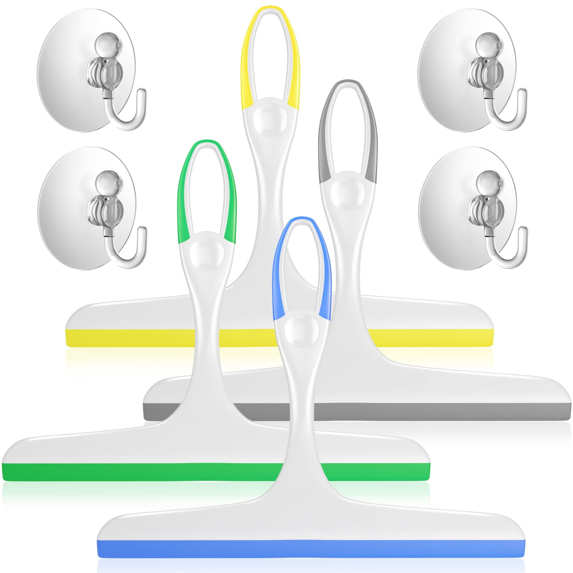 DilaBee Silicone Squeegee for Shower Glass Doors, Window, Car Windshield - 4 Pack - Multi-Purpose Household Cleaning Wiper Tool with Suction Hook - Multicolor