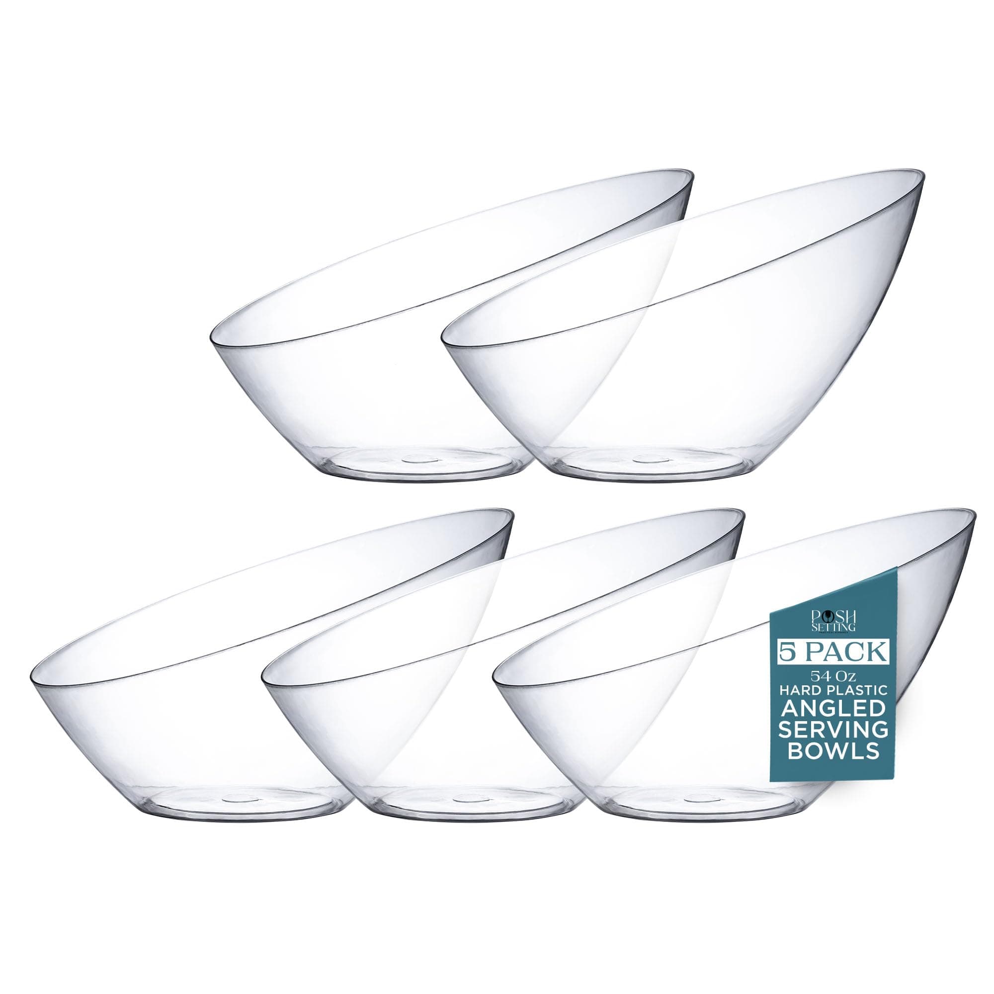 Posh Settings - Clear Plastic Serving Bowls for Party Angle Bowls, Disposable Chip Bowls, Candy Bowls, Party Table Salads, Fruit Bowls for Party Wedding Serving Bowls, Clear, 58 oz, Pack of 5
