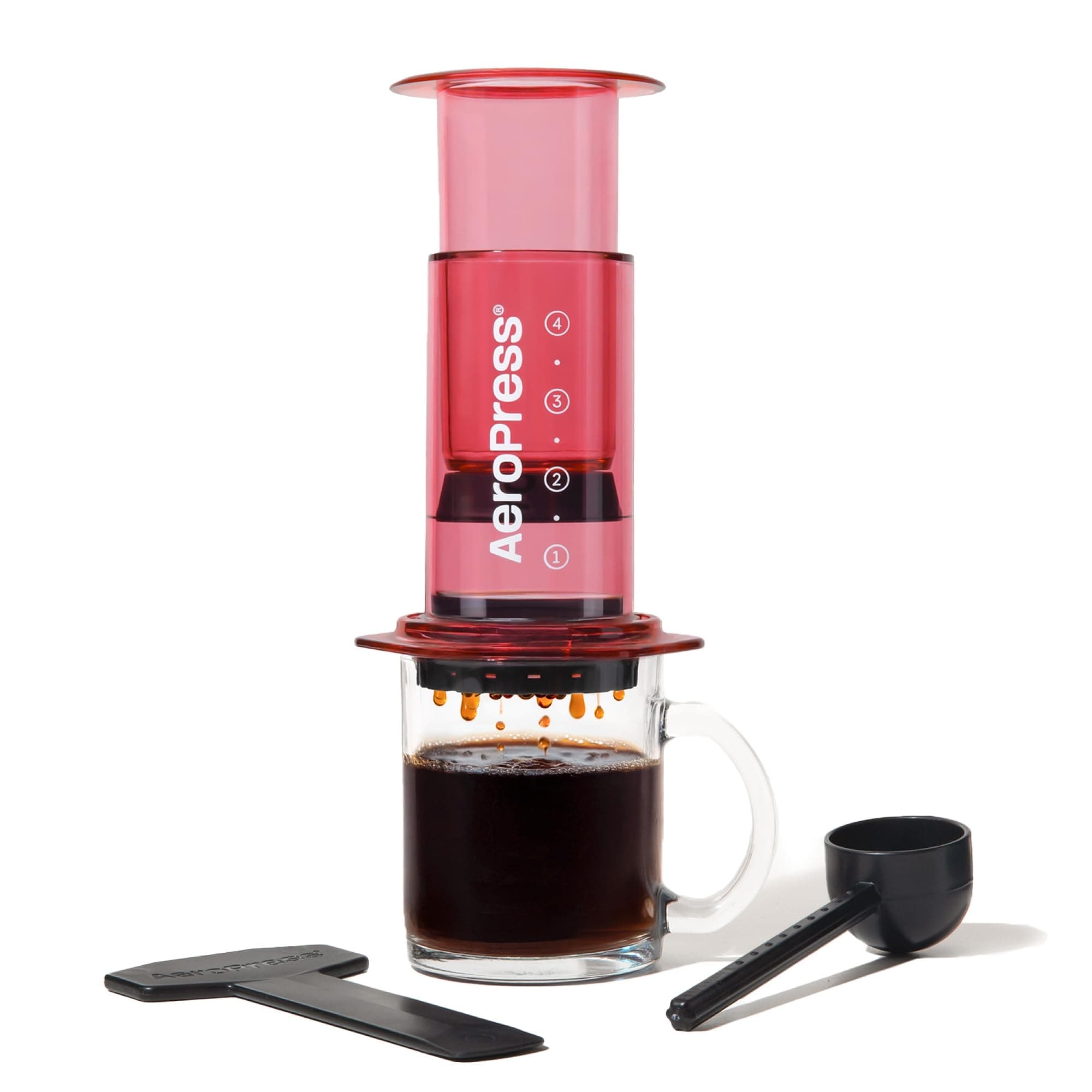 Clear Coffee Press – 3 In 1 Brew Method Combines French Press, Pourover, Espresso, Full Bodied Coffee Without Grit or Bitterness, Small Portable Coffee Maker for Camping & Travel, Red