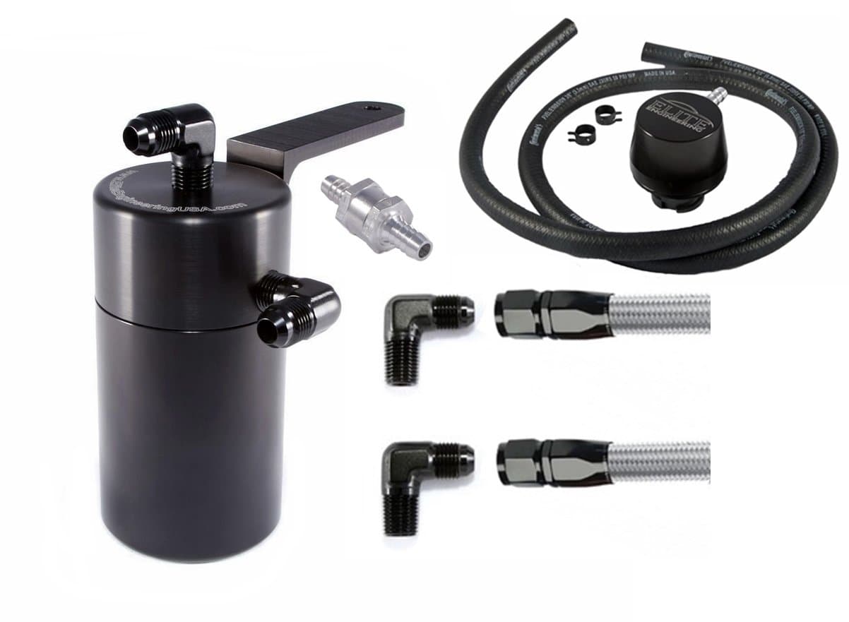 Elite Engineering Standard PCV Oil Catch Can & Hardware with Black AN Fittings, Check Valve & Clamps, Clean Side Separator for 1998-2002 Camaro & Firebird LS1 - BLACK