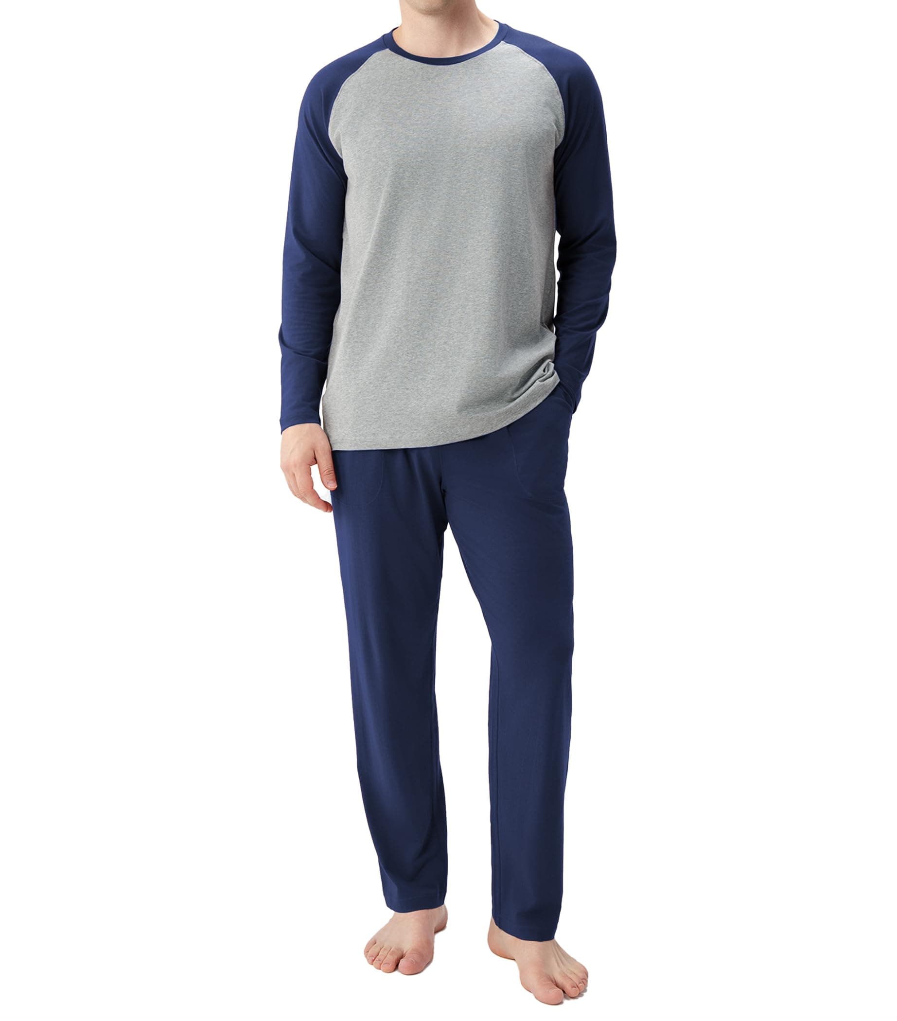 Mens Pajama Set Long Sleeve PJs, Soft Lightweight Sleepwear with Pockets, Comfortable Loungewear for Sleeping