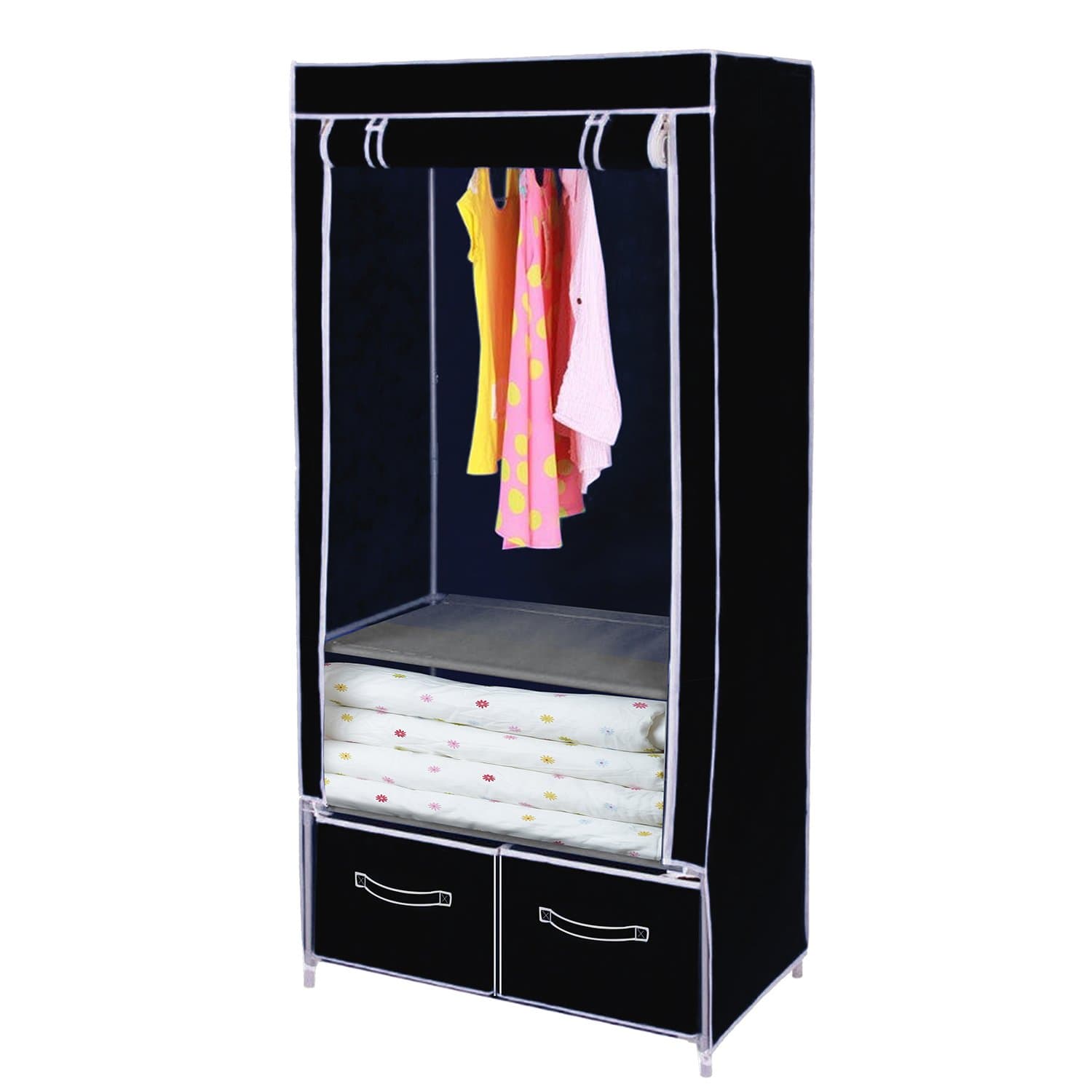 Portable Clothes Closet Rolling Door Wardrobe Sturdy Rust-Proof Stainless Steel Frame Non-Woven Fabric Storage Organizer with Three Drawer Boxes (Black)