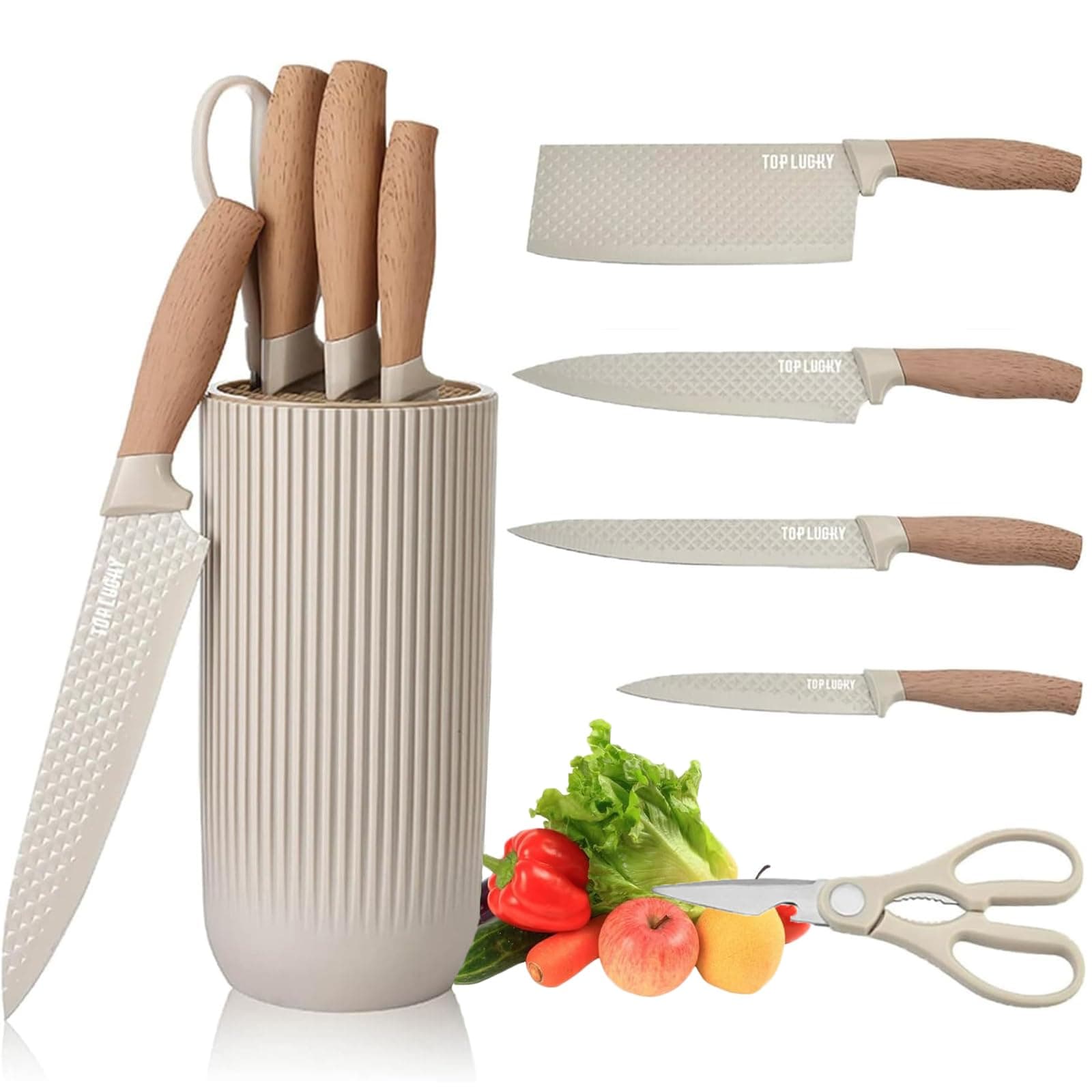 Knife Set, 6 Pieces Professional Kitchen Knife Set with Universal Knife Block, Super Sharp Knife Block Set with Ergonomic Handle Non-stick Stainless Steel Knife Block Set (Khaki)