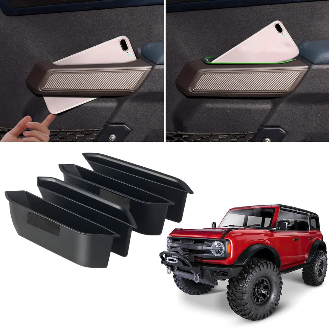 WDG Door Handle Storage Box Container for Ford Bronco 2021 2022 2023 2024 4 Door Car Interior Accessories, ABS Front and Rear Door Side Armrest Phone Pocket Organizer Insert Glove Pallet 4PCS
