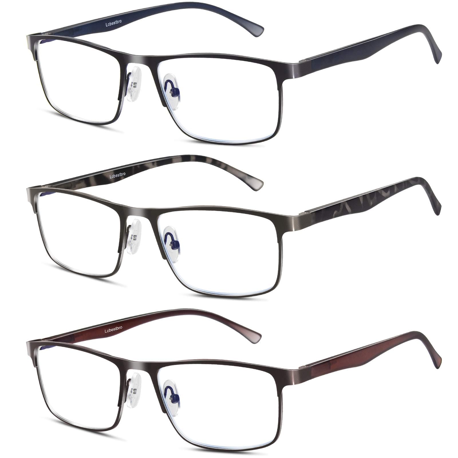 3 Pack Blue light Blocking Reading Glasses for Men, Stylish Metal Frame Readers