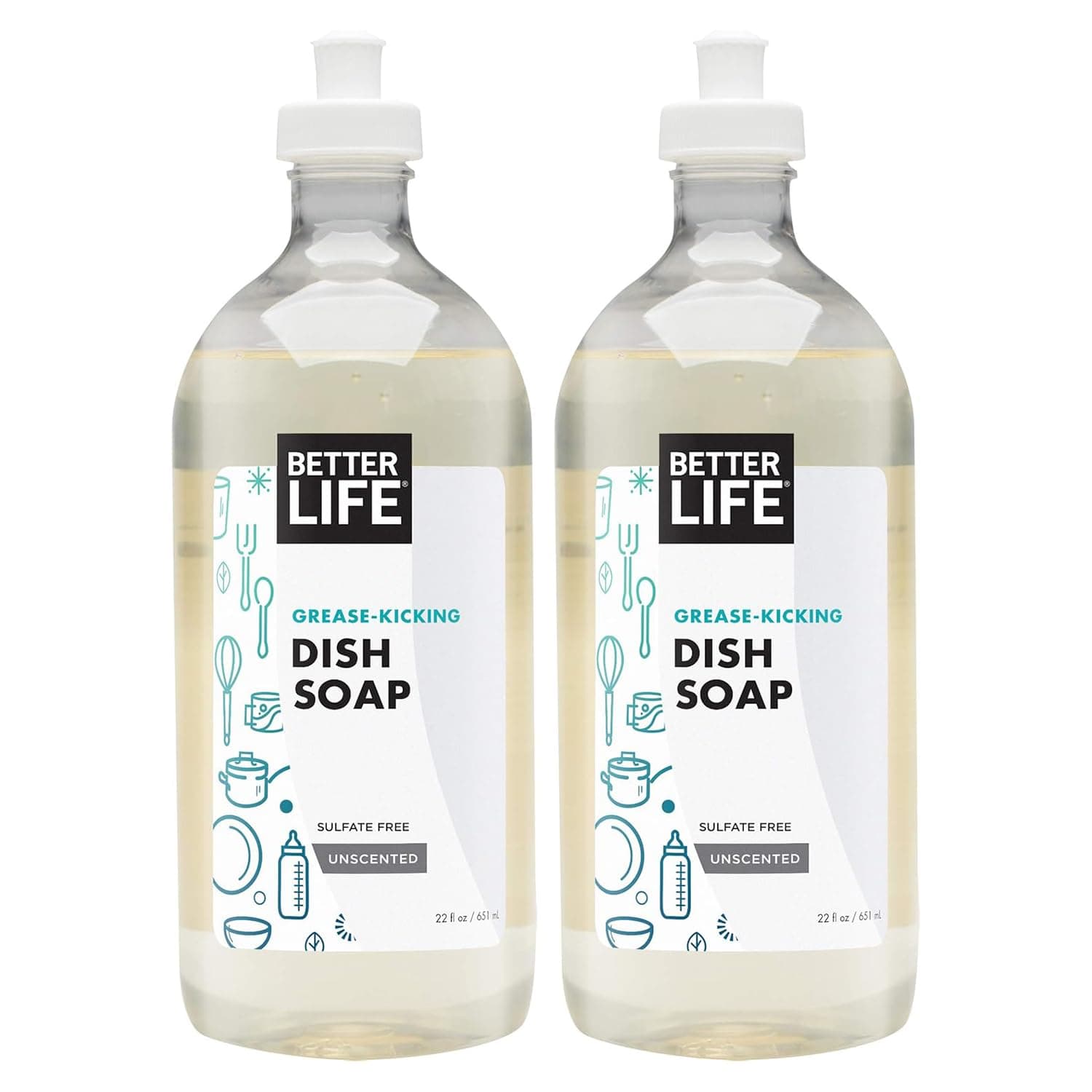 Better Life Dish Soap - Liquid Dishwashing Soap with Vitamin E and Aloe for Home & Kitchen Sink - No Gloves Required Kitchen Soap for Sensitive Skin - 22oz (Pack of 2) Unscented