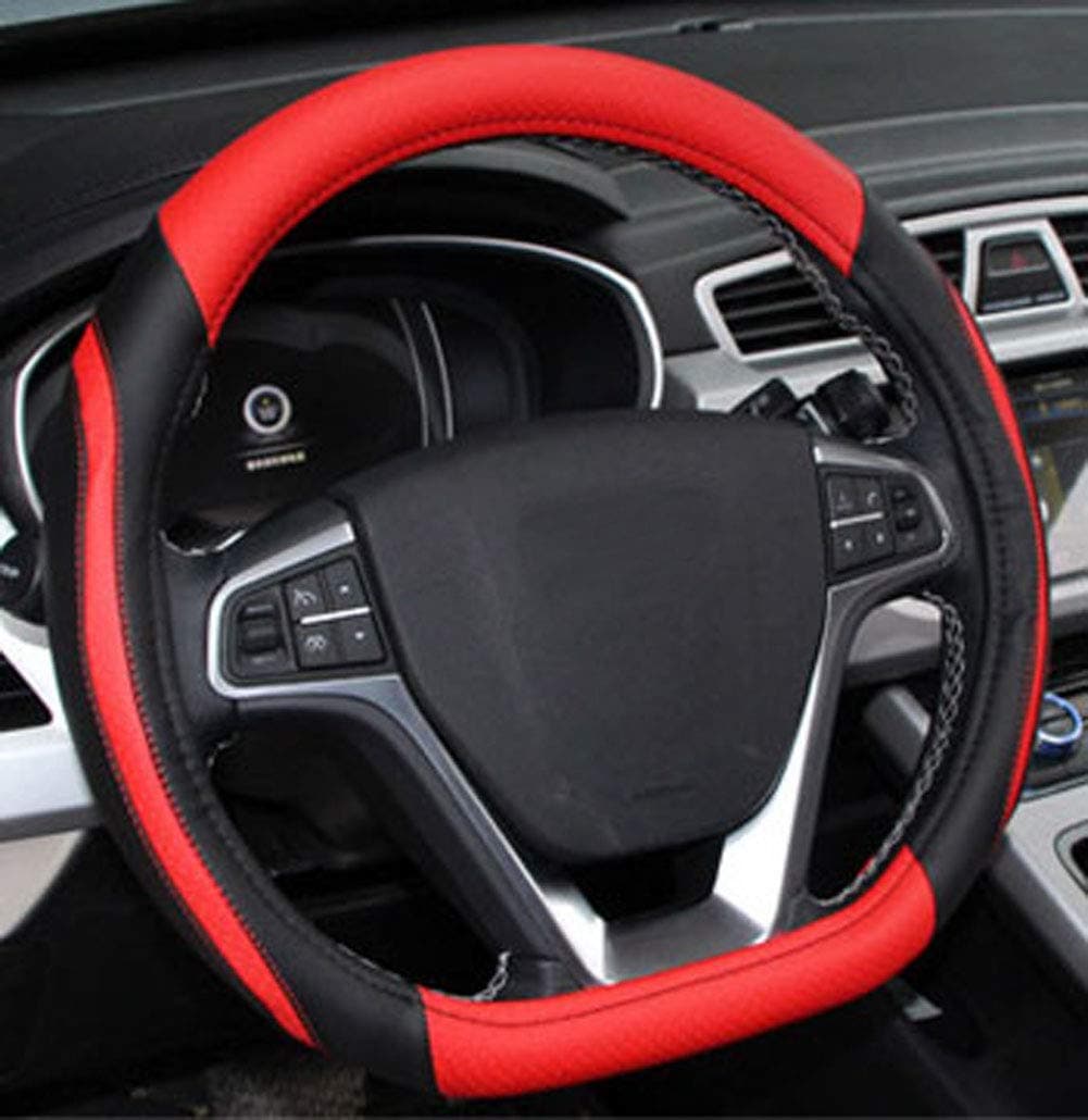 D Cut Steering Wheel Cover - D Shaped Flat Bottom Microfiber Leather Anti-Skid Breathable Fit 14.5"-15" (Red)